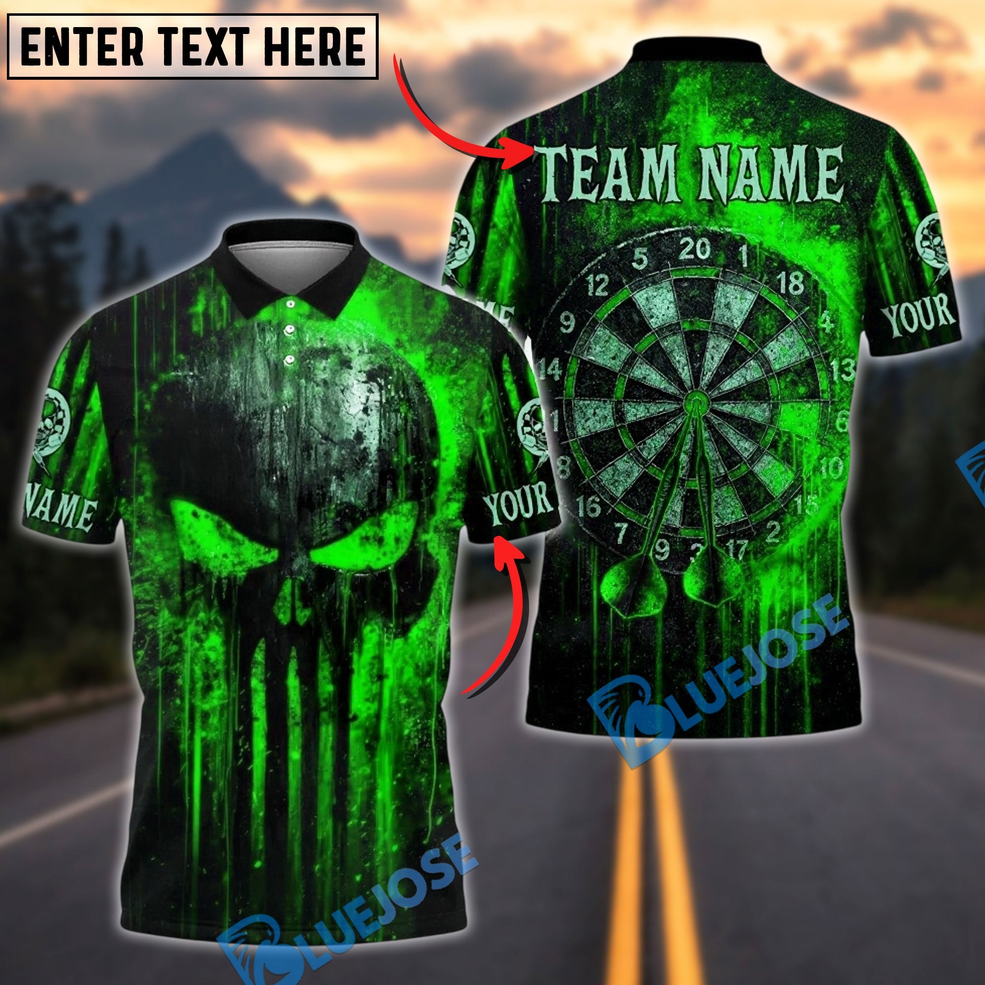 BlueJose Darts Punisher Skull Blood Dartboard Personalized Name, Team Name Unisex Shirt (4 Colors)