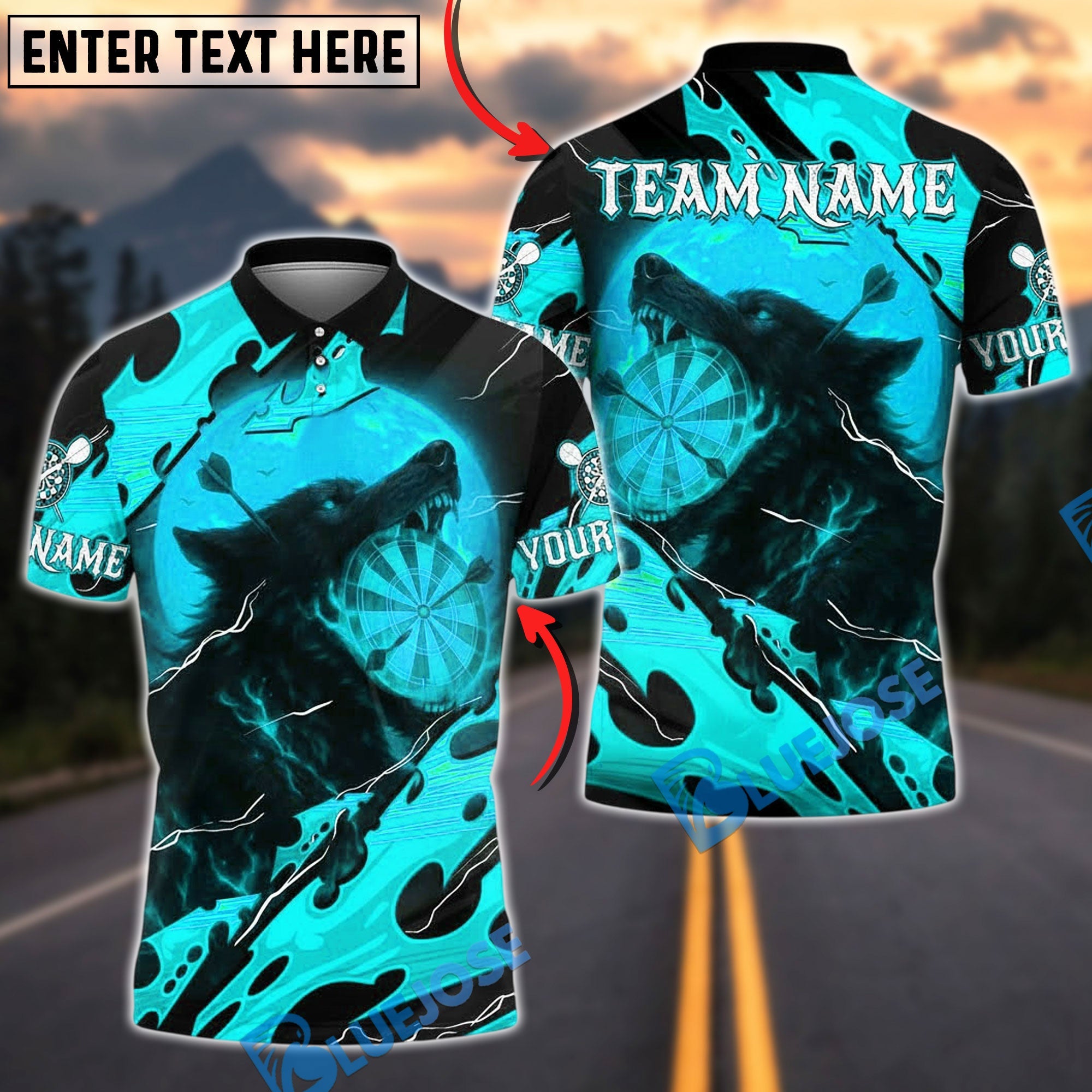 BlueJose Darts Black Fire Wolf Moon Target Personalized Name, Team Name Unisex Shirt (4 Colors)
