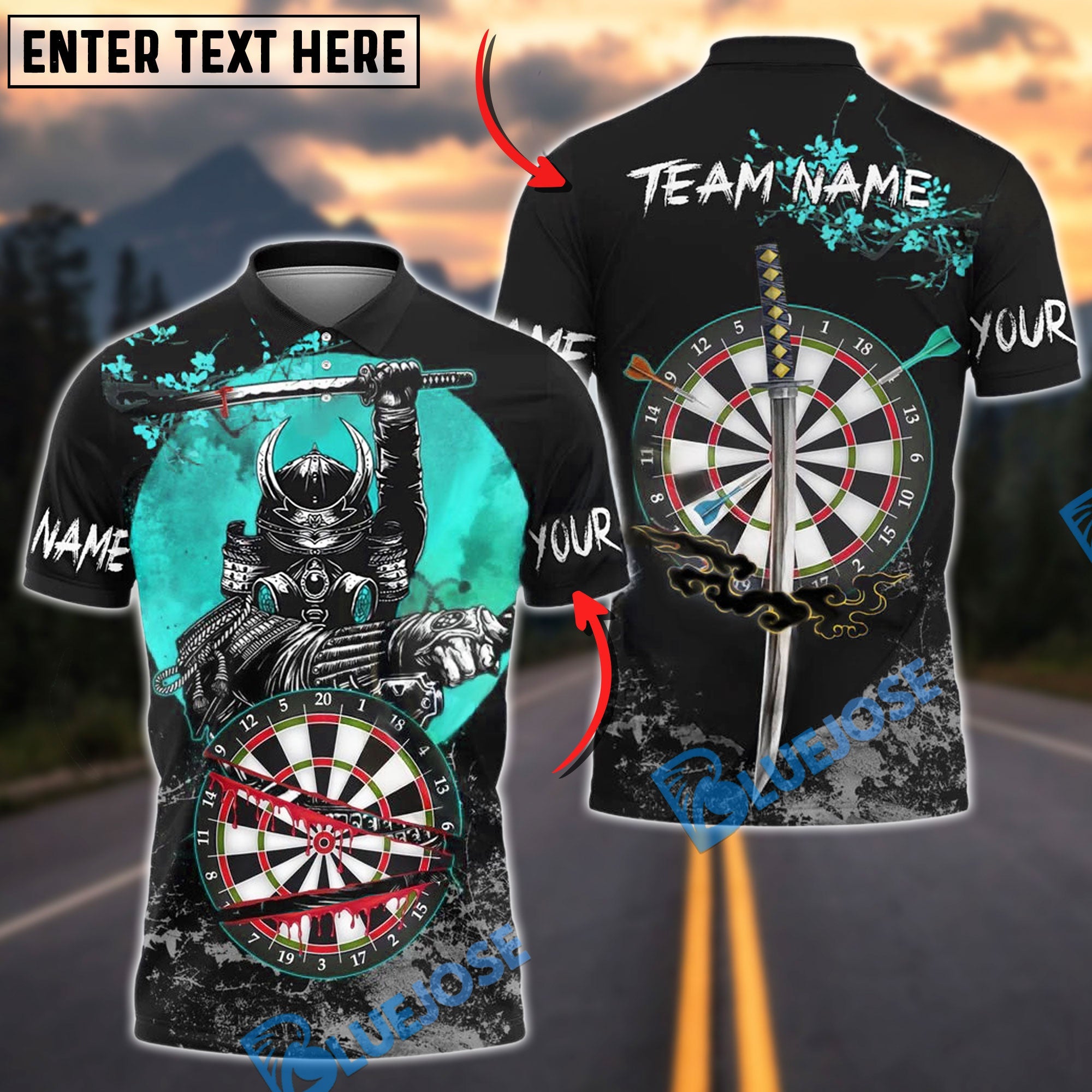 BlueJose Darts Samurai Slayer Personalized Name, Team Name Shirt (4 Colors)