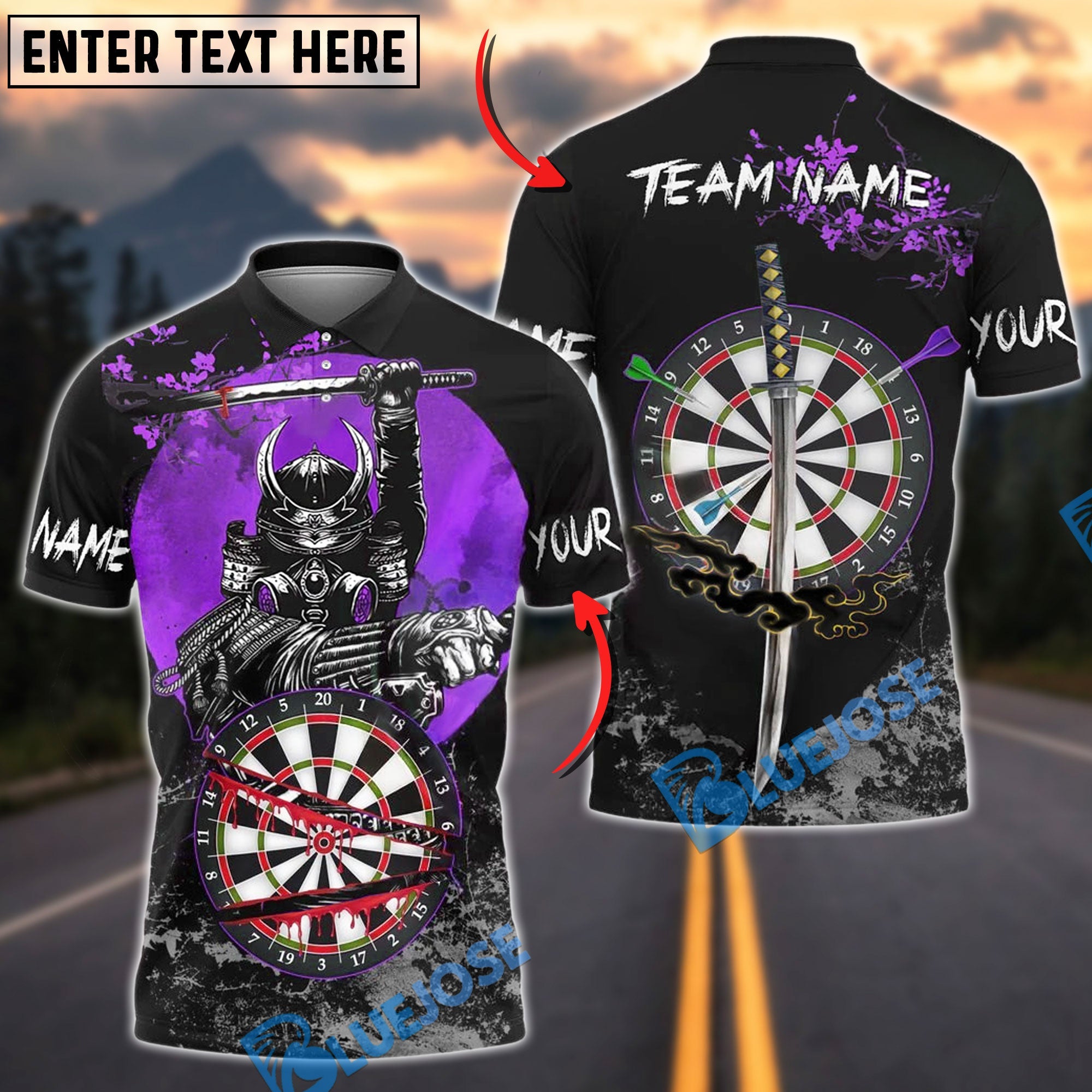 BlueJose Darts Samurai Slayer Personalized Name, Team Name Shirt (4 Colors)
