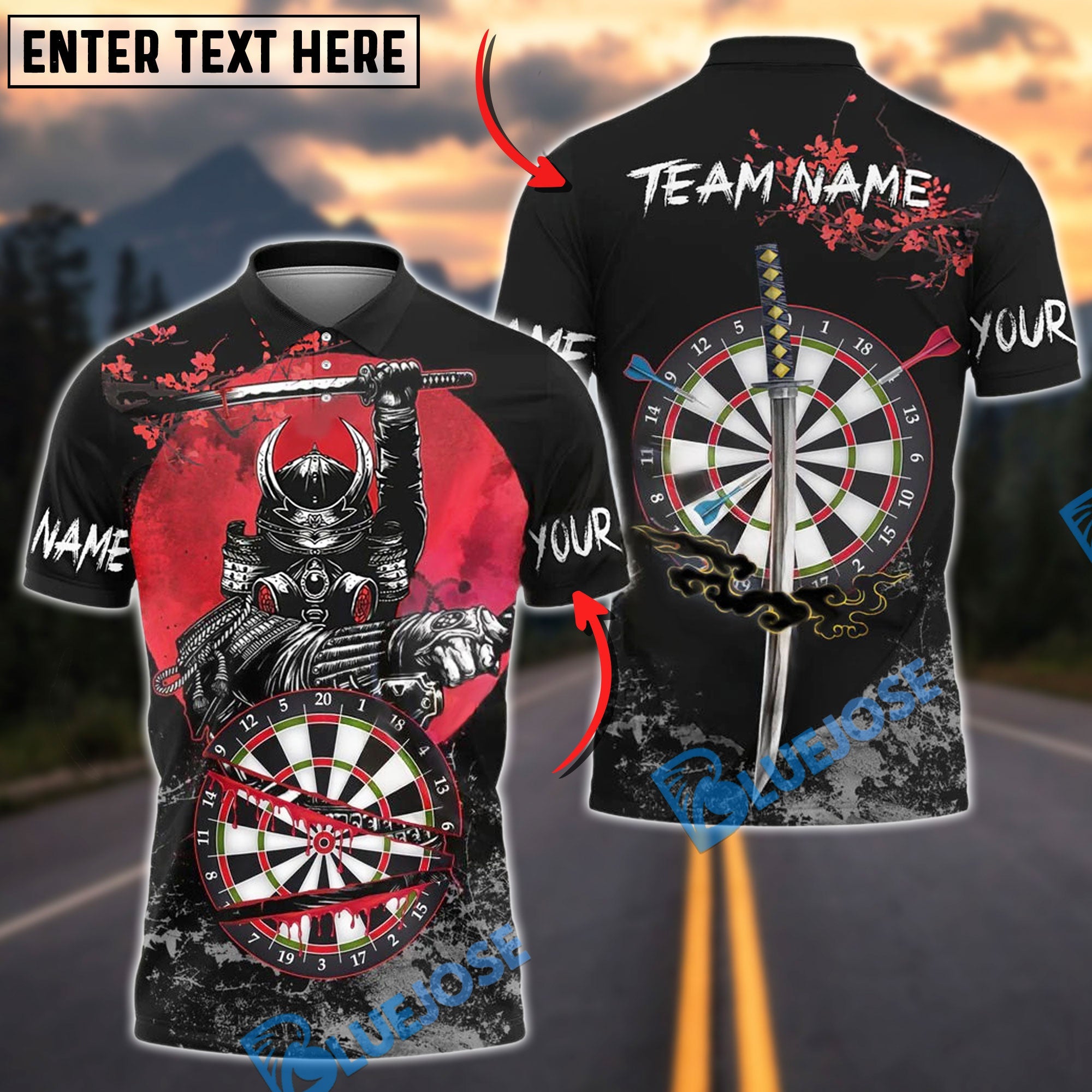 BlueJose Darts Samurai Slayer Personalized Name, Team Name Shirt (4 Colors)