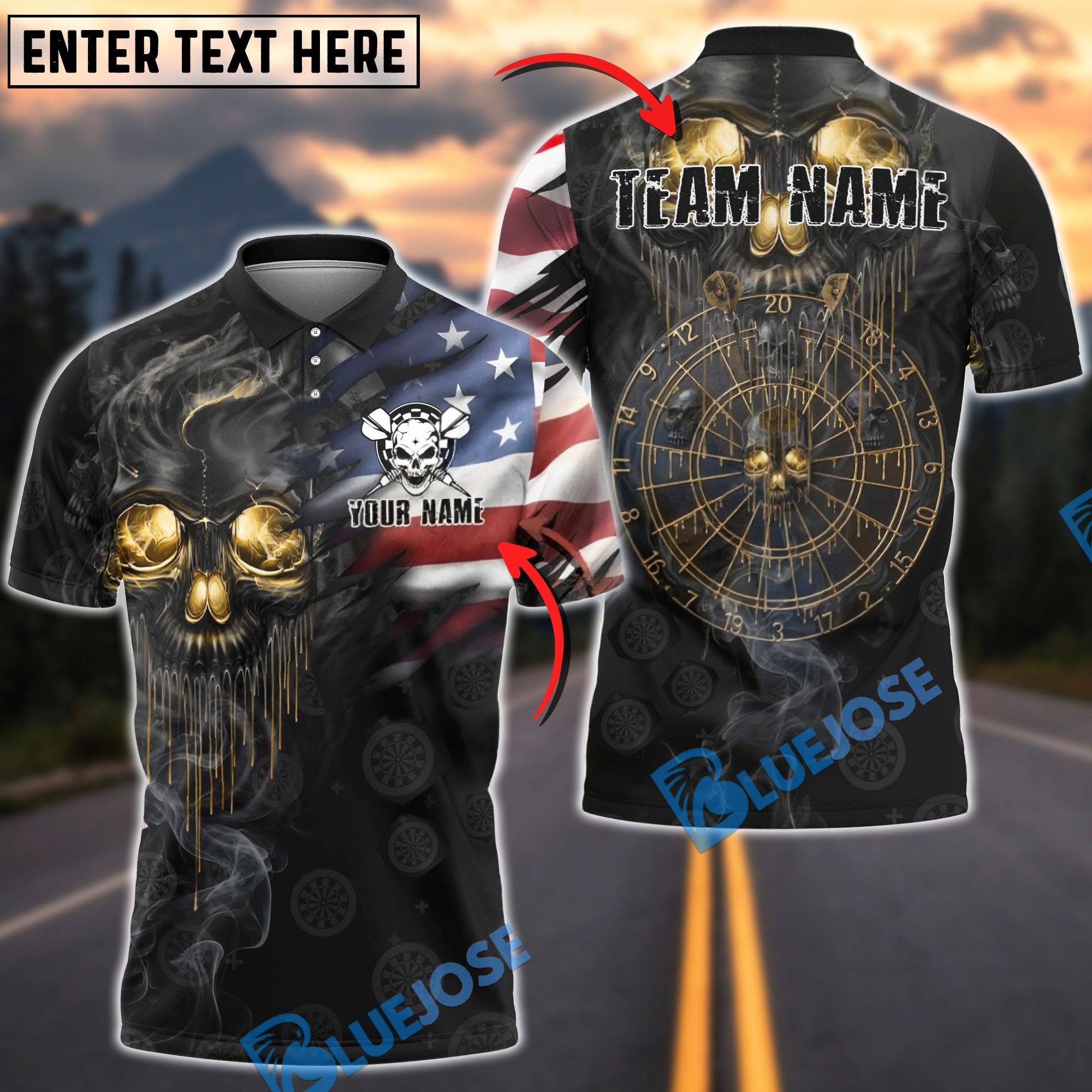 BlueJose Darts Skull American Flag Golden Dartboard Personalized Name Shirt