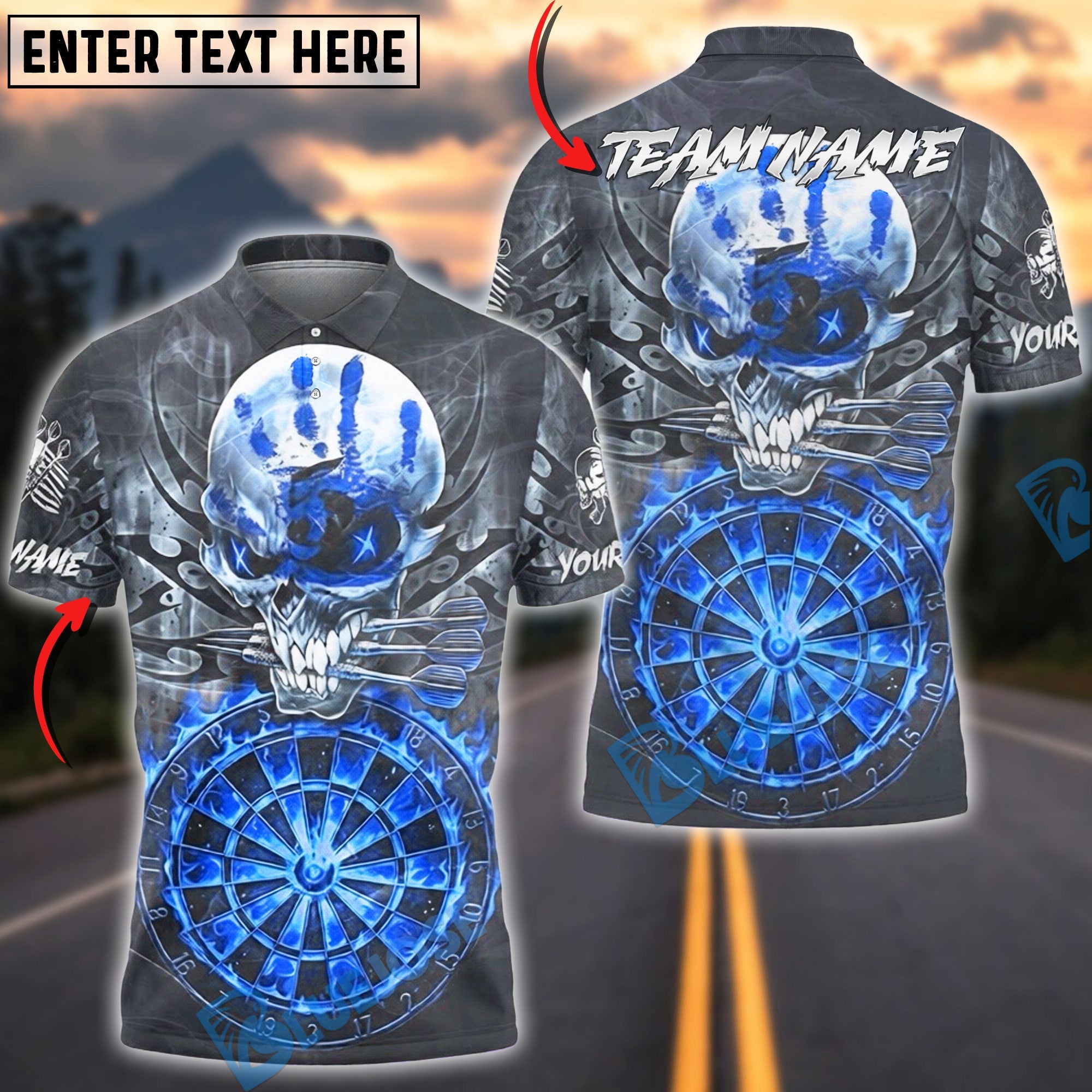 BlueJose Darts Fire Skull Hand Mark Multicolor Options Personalized Name Shirt (4 Colors)