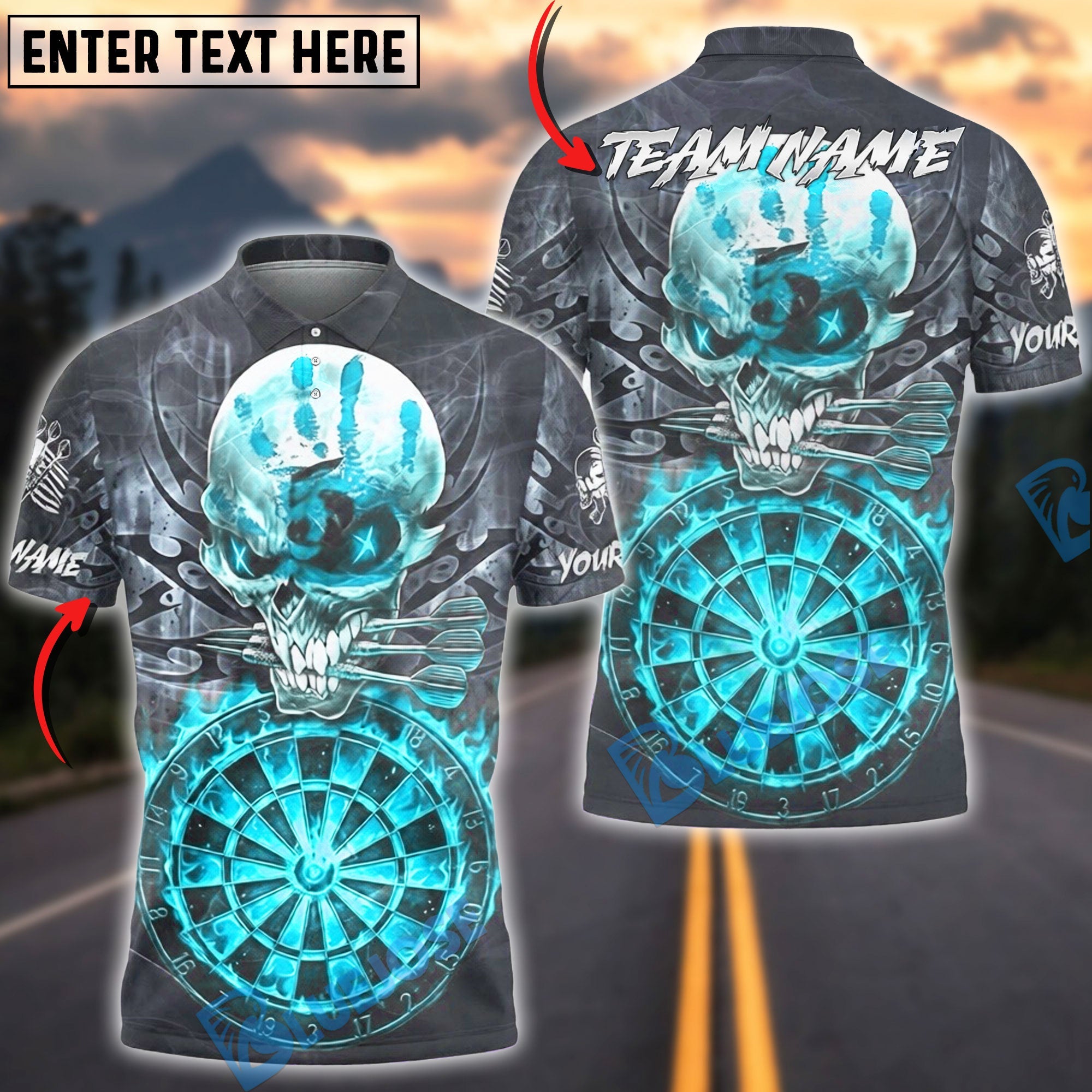 BlueJose Darts Fire Skull Hand Mark Multicolor Options Personalized Name Shirt (4 Colors)