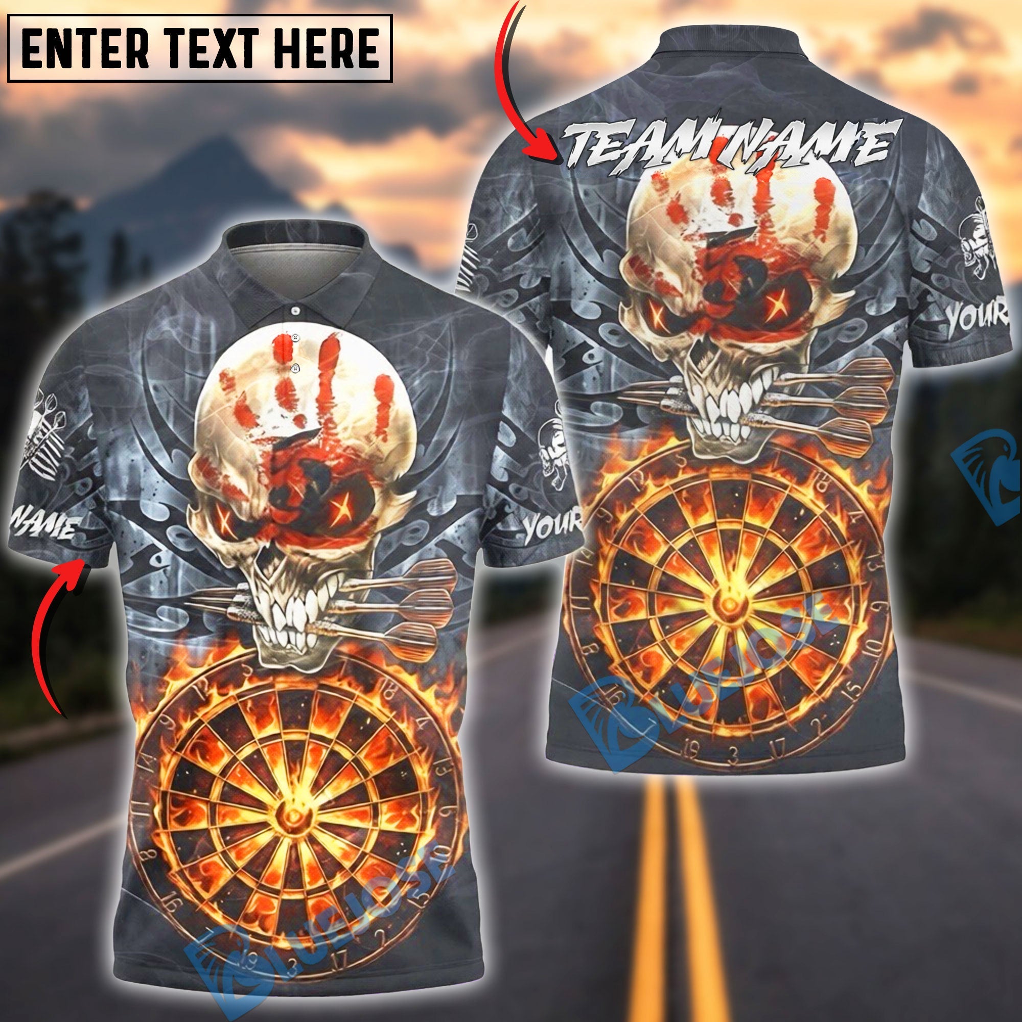 BlueJose Darts Fire Skull Hand Mark Multicolor Options Personalized Name Shirt (4 Colors)