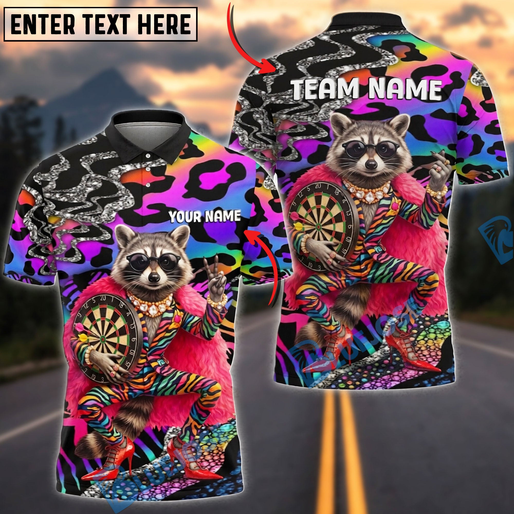 BlueJose Darts Funny Fashion Raccoon Rainbow Leopard Personalized Name Shirt