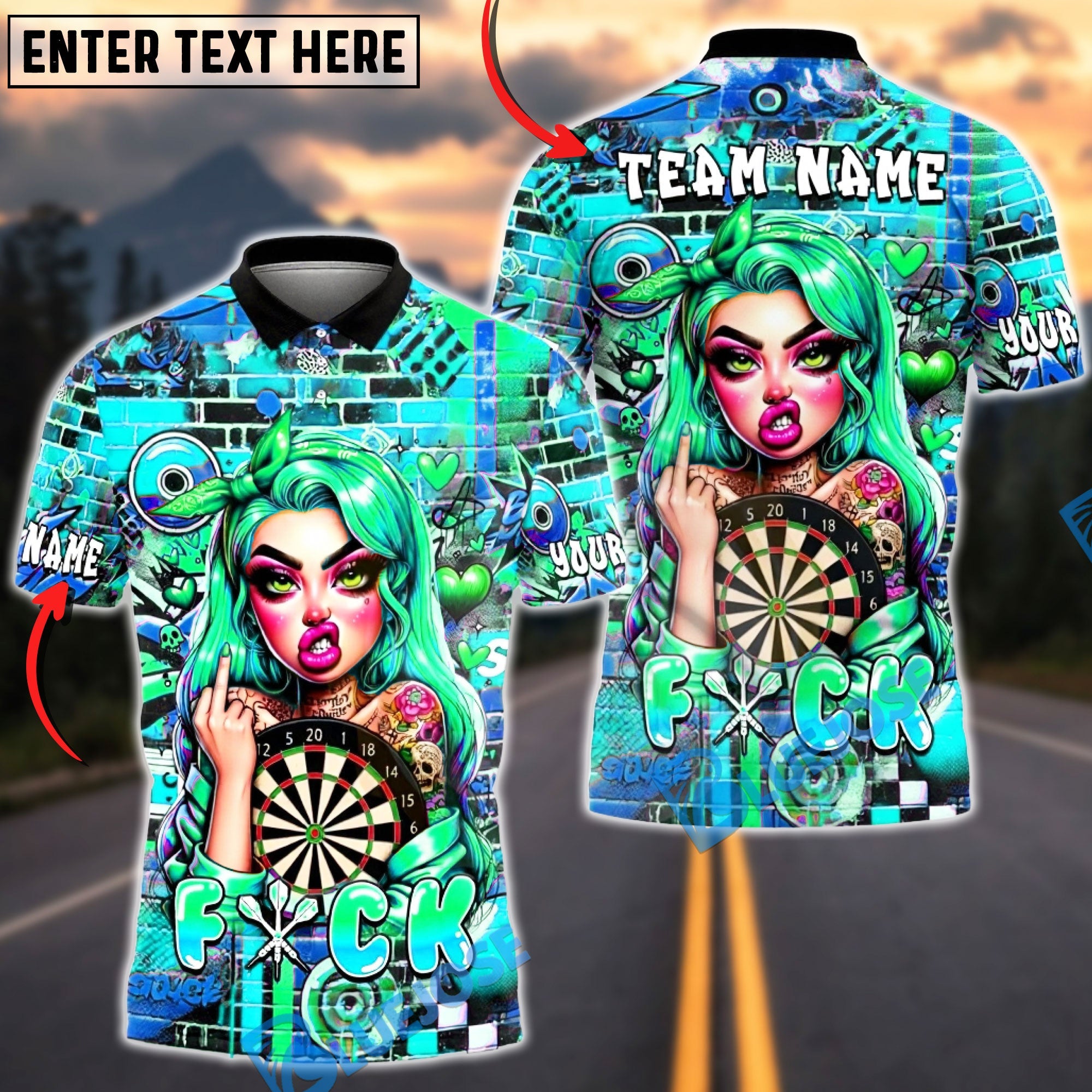 BlueJose Darts Graffiti Rebel Girl Dartboard Multicolor Options Personalized Name Shirt (4 Colors)