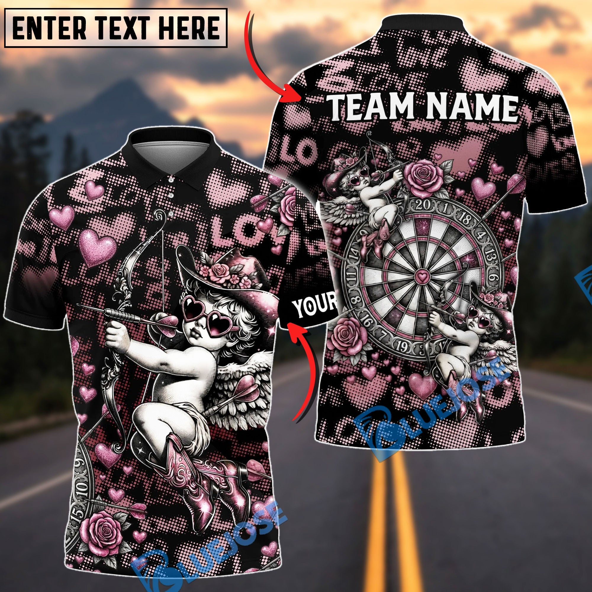 BlueJose Darts Cupid Valentine Heart Rose Design Personalized Name, Team Name Unisex Shirt (6 Colors)