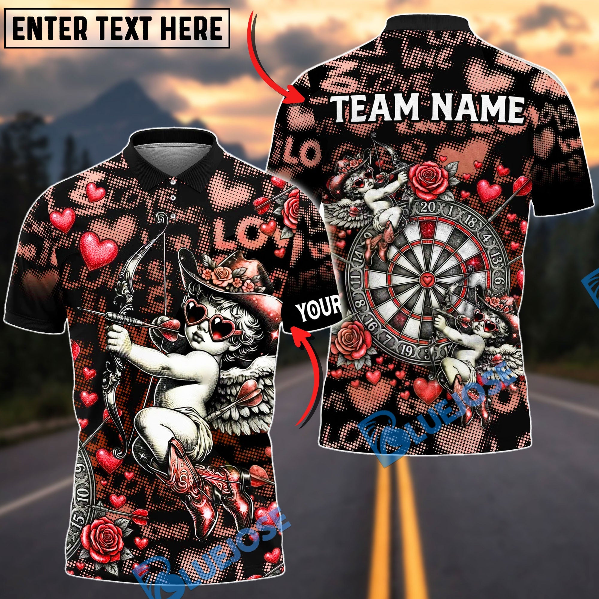 BlueJose Darts Cupid Valentine Heart Rose Design Personalized Name, Team Name Unisex Shirt (6 Colors)
