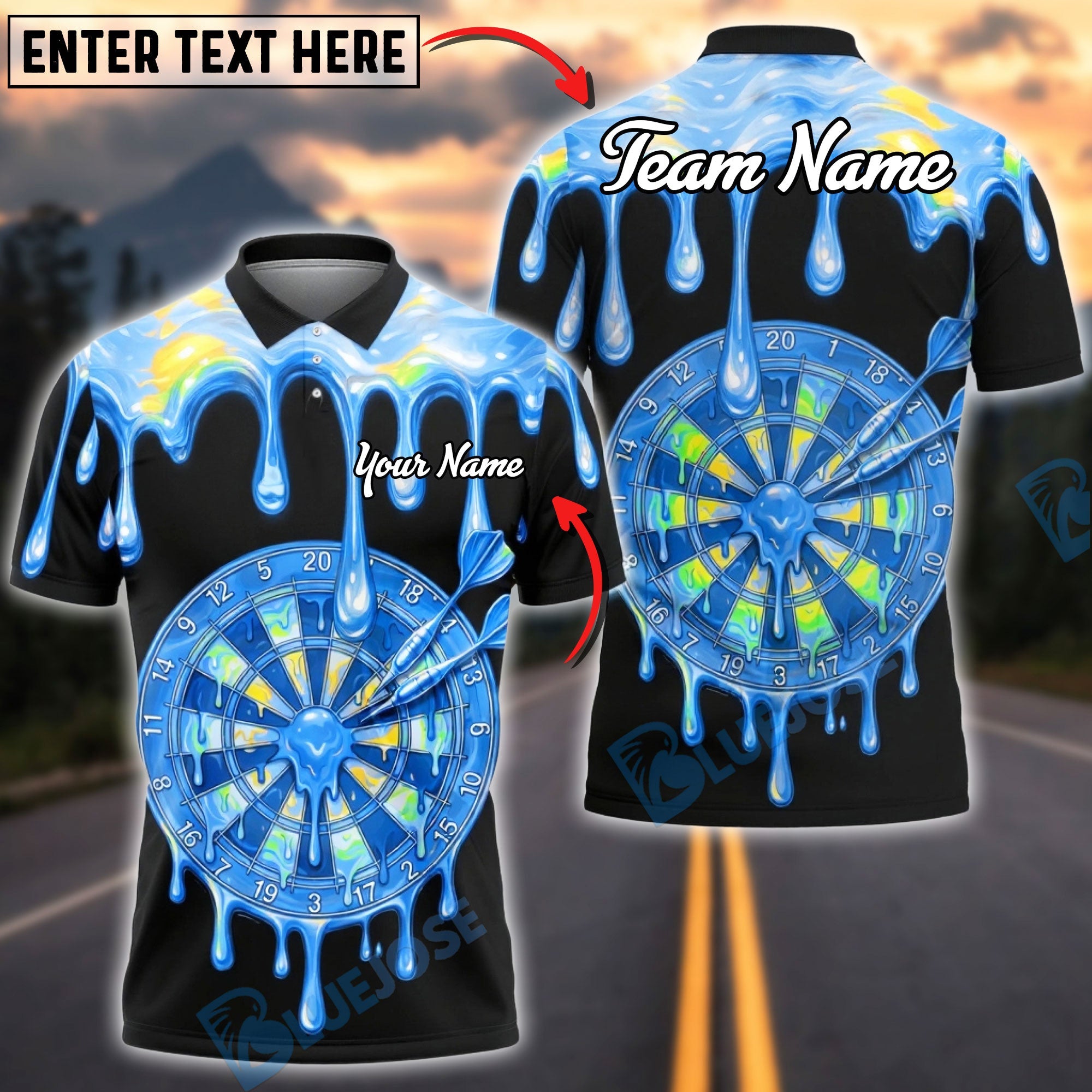 BlueJose Darts Rainbow Melt Dripping Dartboard Multicolor Options Personalized Name Shirt (6 Colors)