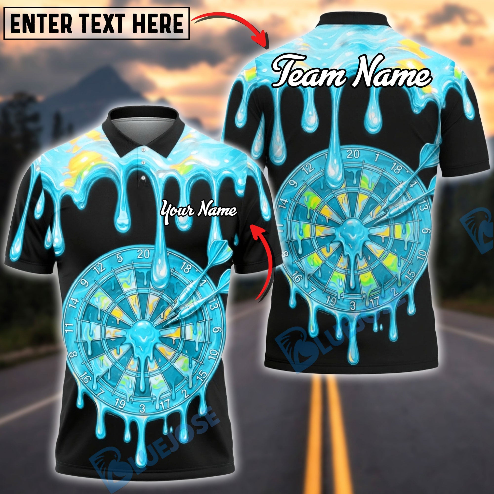 BlueJose Darts Rainbow Melt Dripping Dartboard Multicolor Options Personalized Name Shirt (6 Colors)
