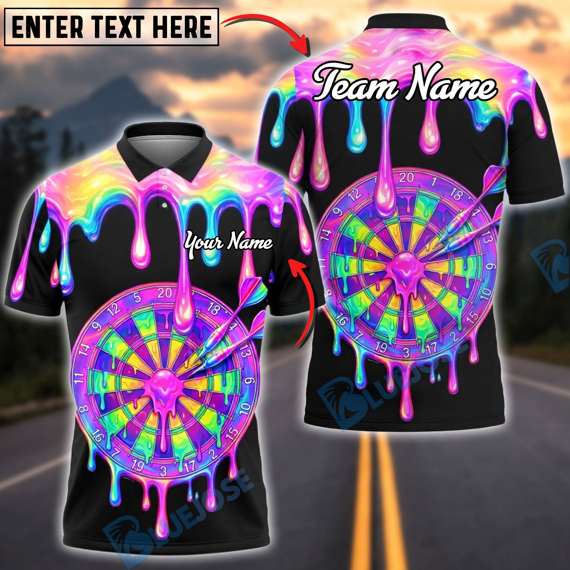 BlueJose Darts Rainbow Melt Dripping Dartboard Multicolor Options Personalized Name Shirt (6 Colors)