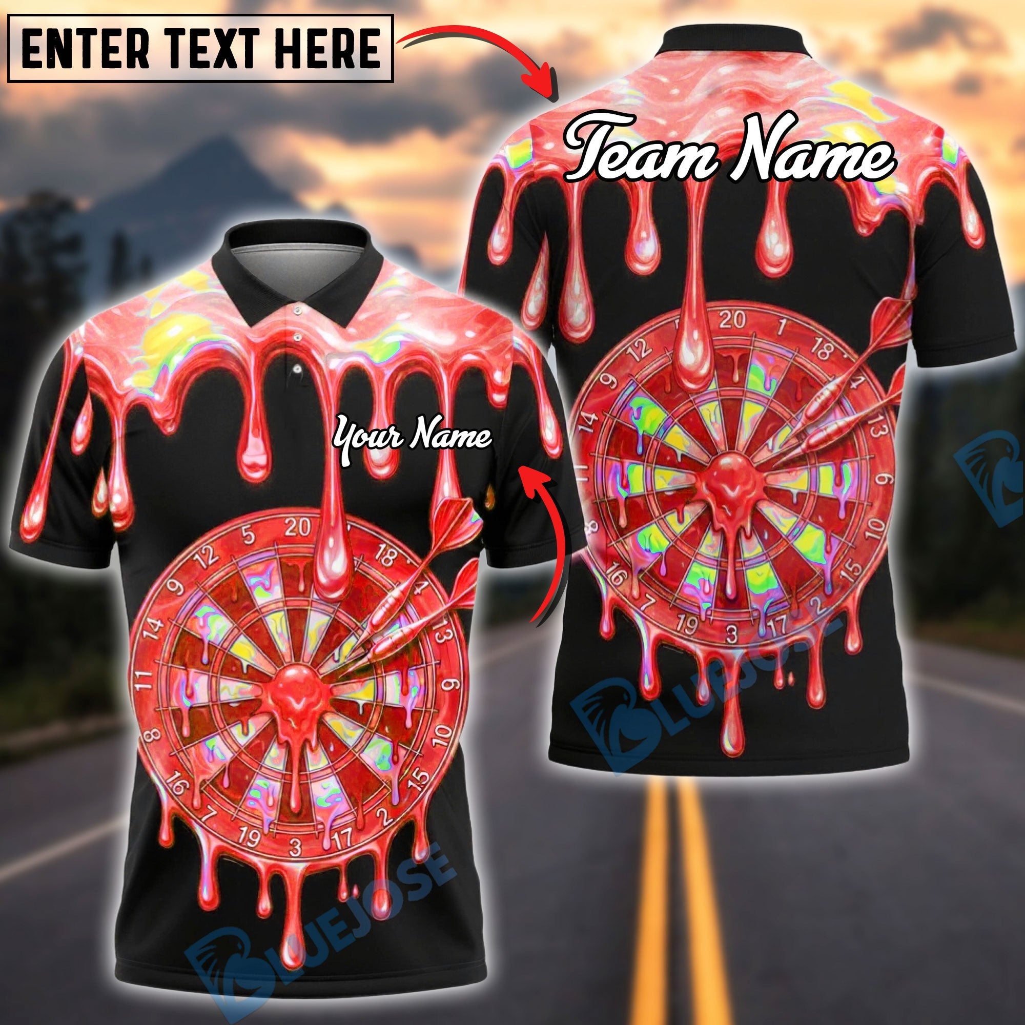 BlueJose Darts Rainbow Melt Dripping Dartboard Multicolor Options Personalized Name Shirt (6 Colors)