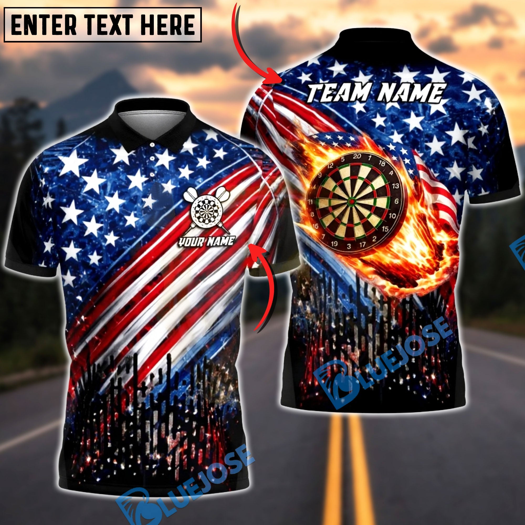 BlueJose Darts USA Flag Flaming Dartboard Patriotic Player Design Personalized Name Shirt
