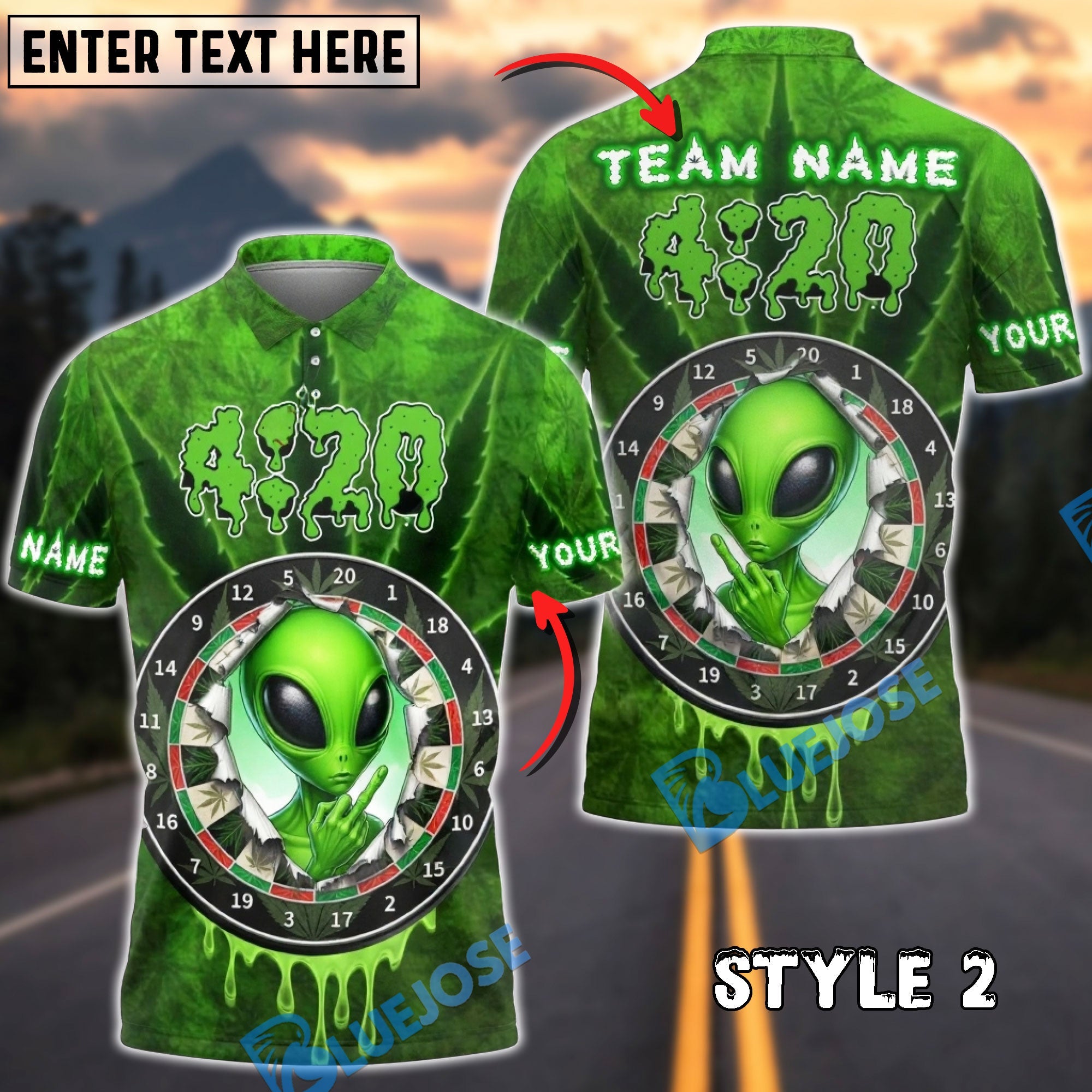 BlueJose Darts 420 Alien Finger Cannabis Leaf Personalized Name, Team Name Unisex Shirt (4 Colors)