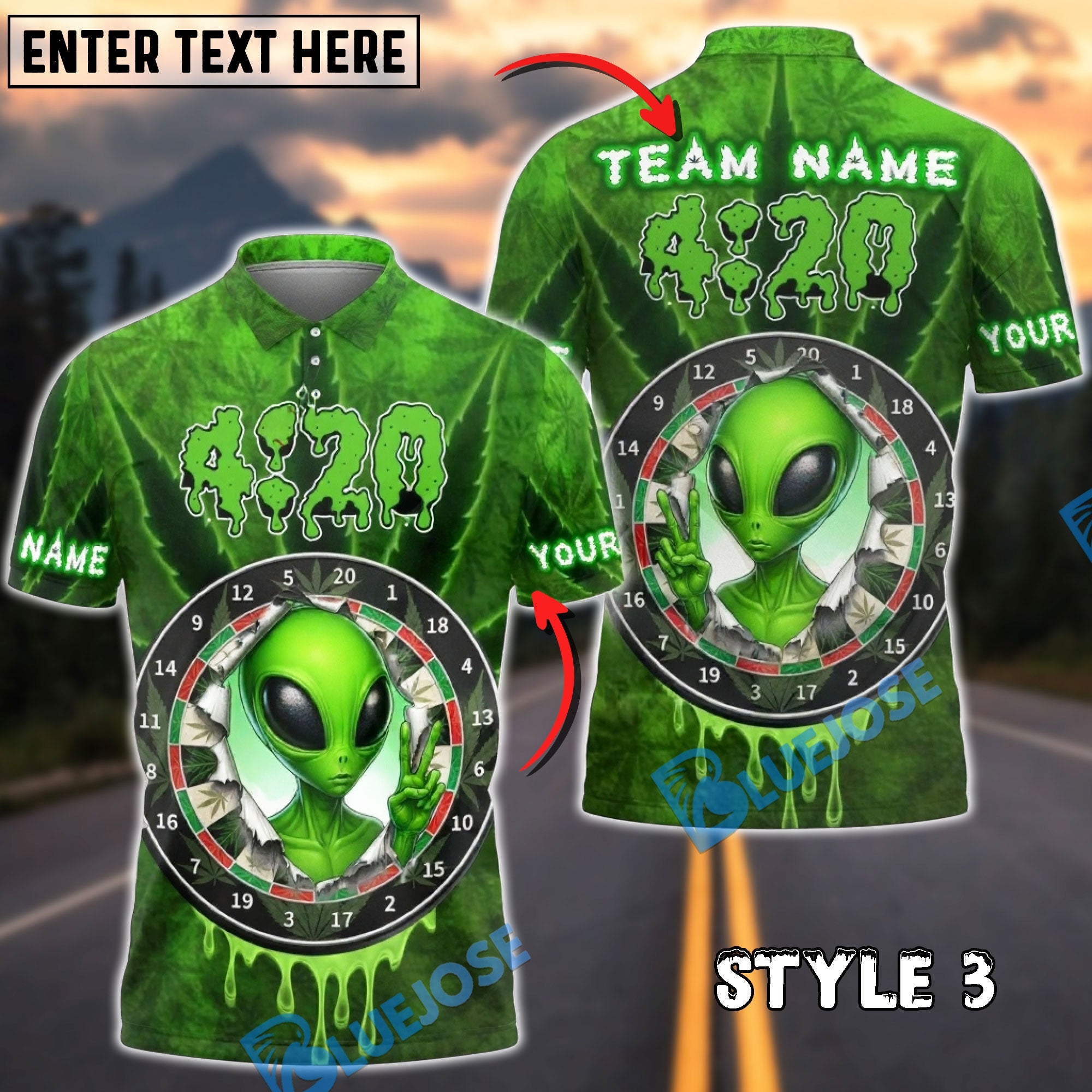 BlueJose Darts 420 Alien Finger Cannabis Leaf Personalized Name, Team Name Unisex Shirt (4 Colors)