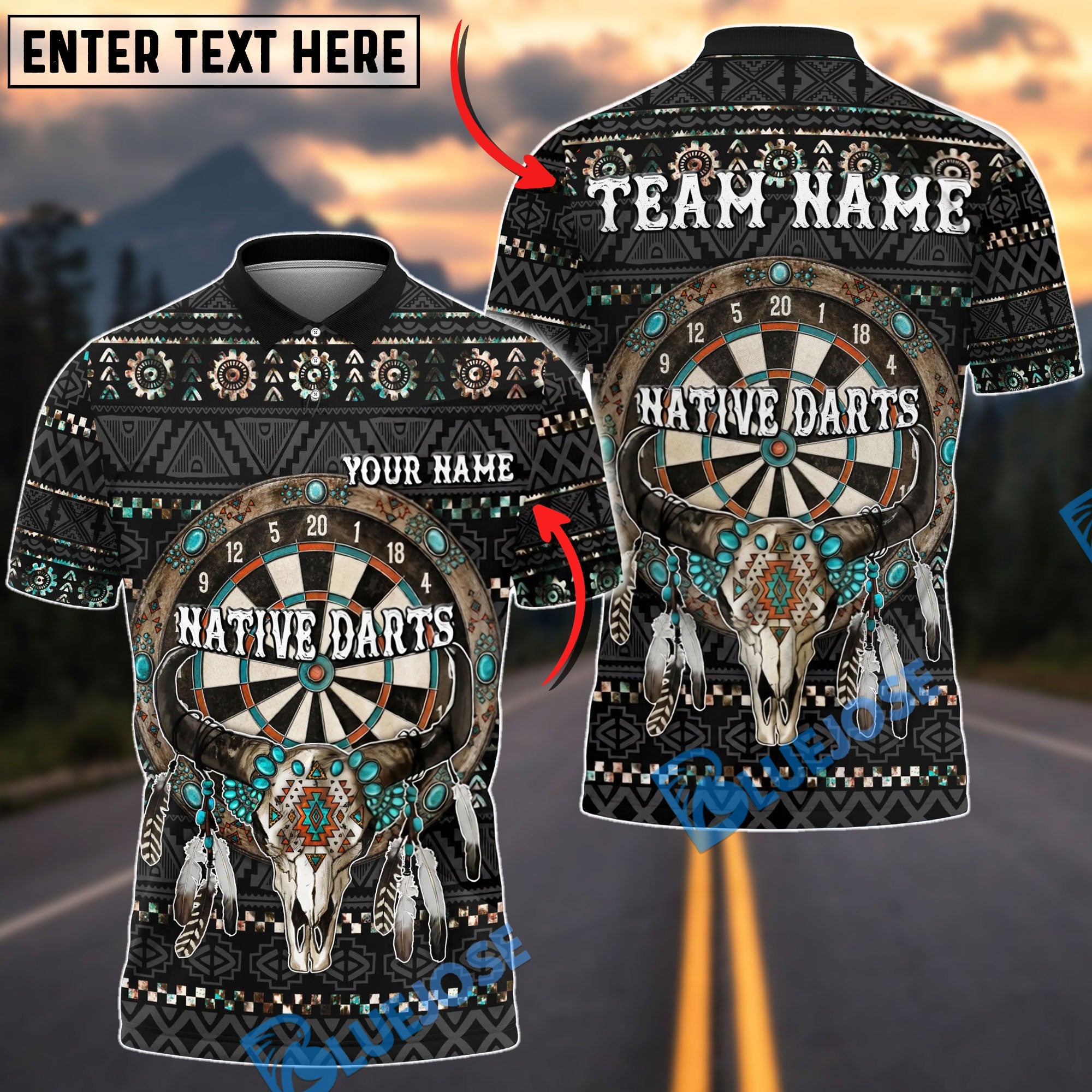 BlueJose Darts Native Western Bull Skull Dartboard Design Personalized Name Shirt
