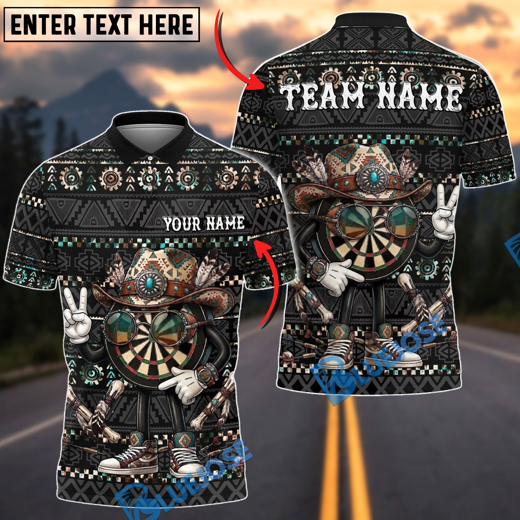 BlueJose Native Western Cowboy Dartboard Design Customized Name, Team Name 3D Shirt