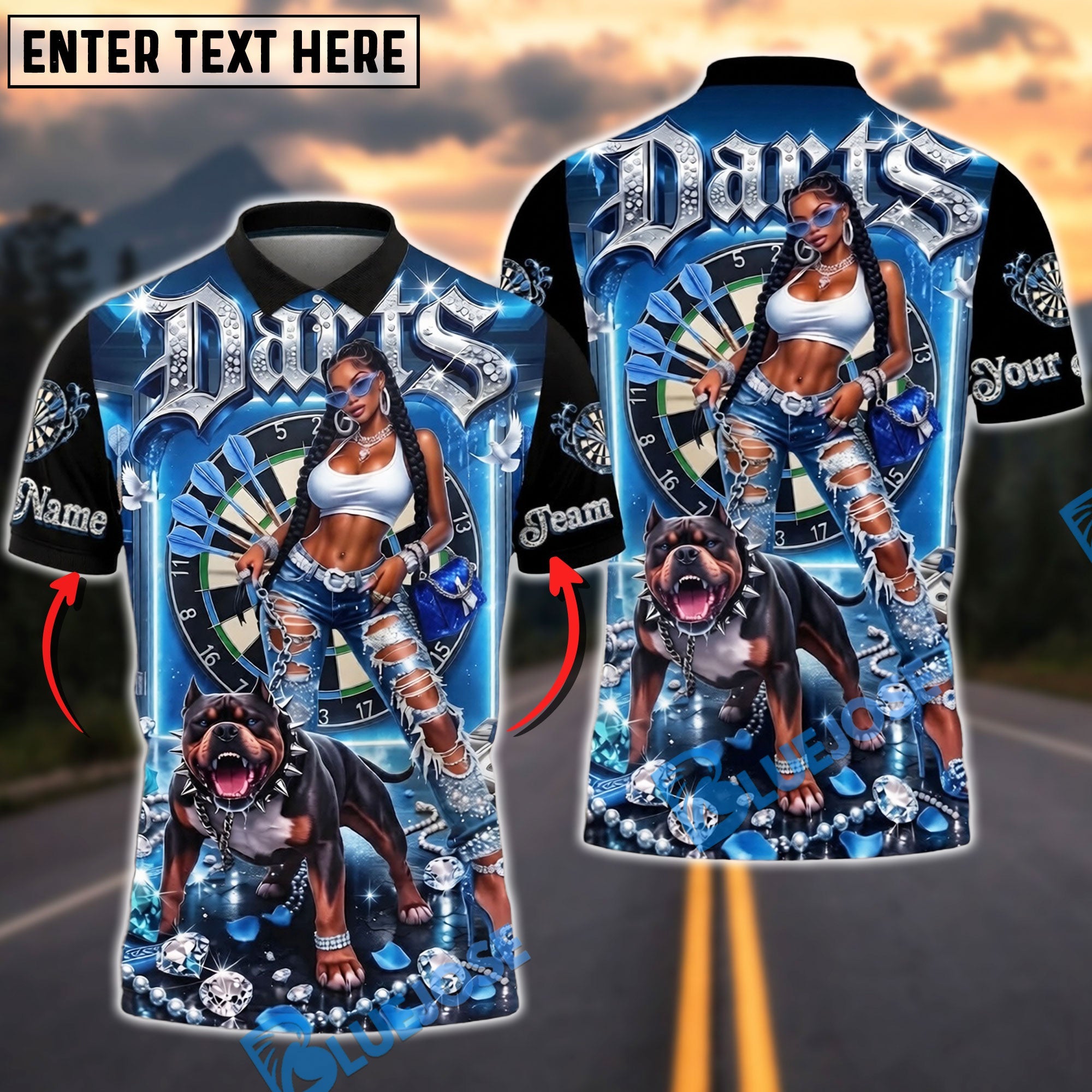 BlueJose Darts Hip Hop Girl & Pitbull Dog Diamond Personalized Name, Team Name Unisex Shirt (6 Colors)