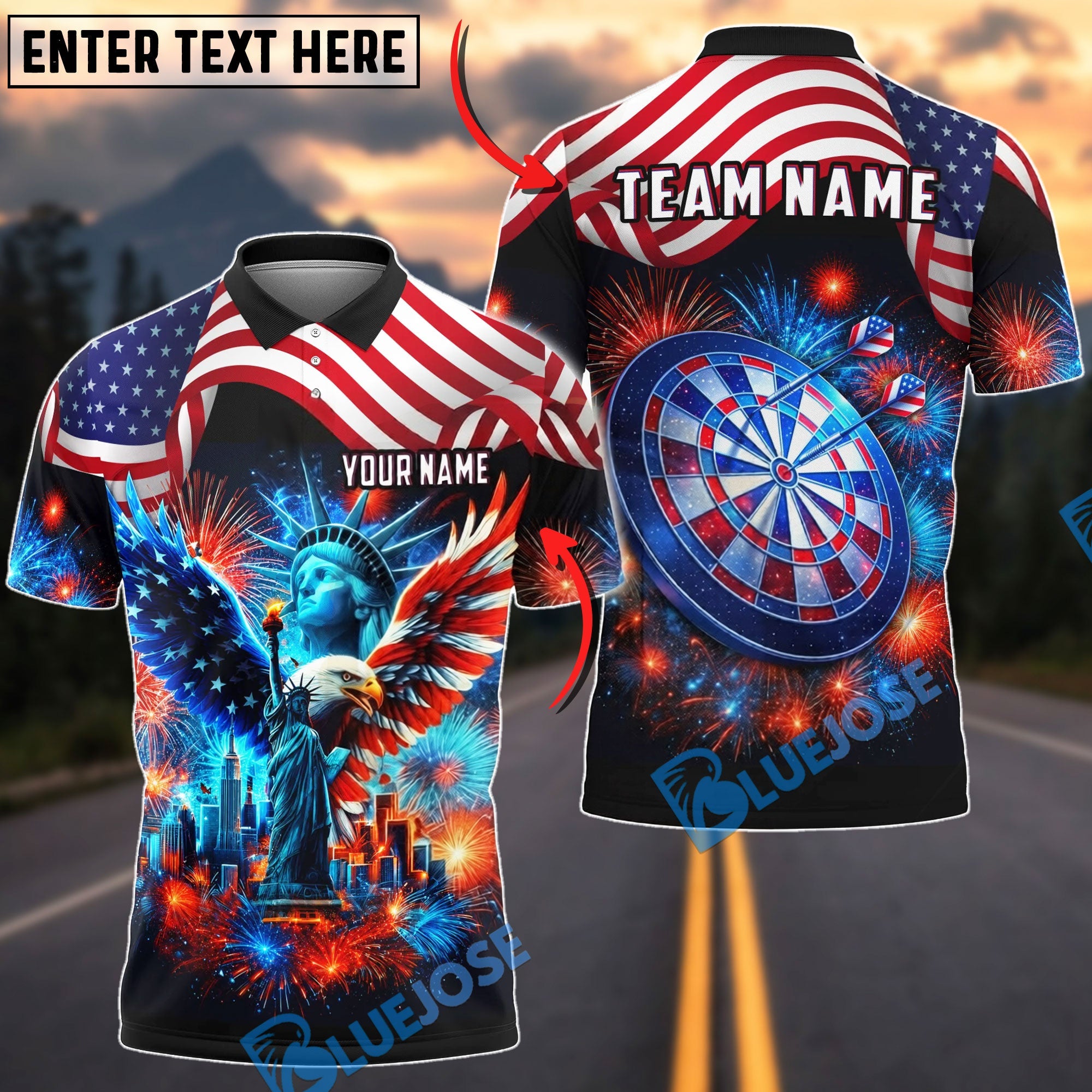 BlueJose Darts Patriotic American Flag Statue of Liberty Eagle Fireworks Personalized Name Shirt