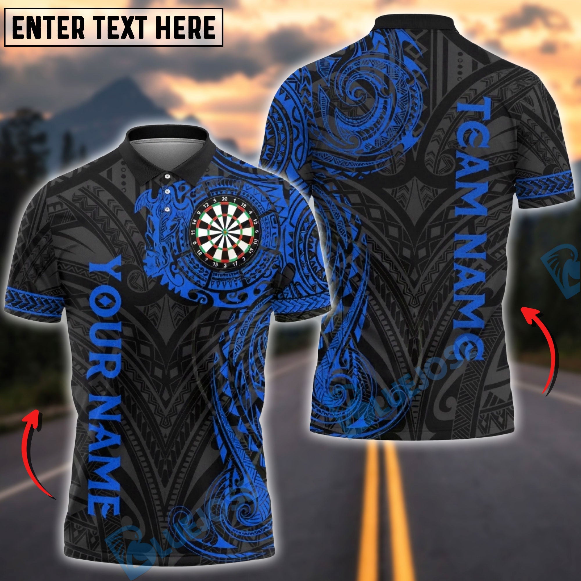 BlueJose Darts Tribal Maori Dragon Multicolor Options Personalized Name Shirt (6 Colors)