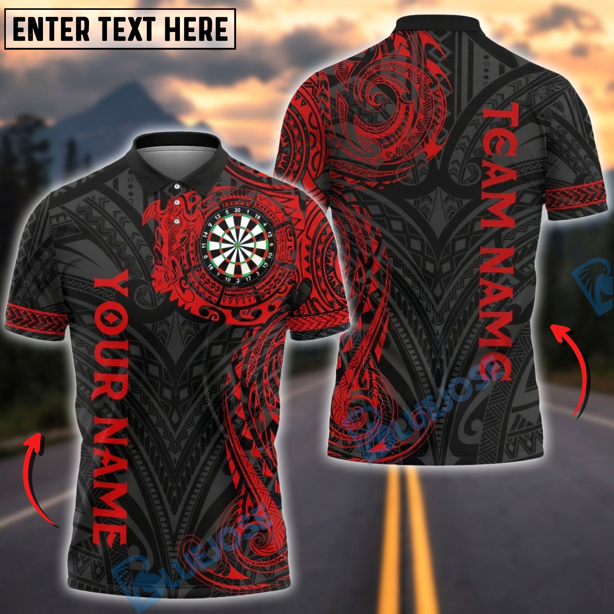 BlueJose Darts Tribal Maori Dragon Multicolor Options Personalized Name Shirt (6 Colors)