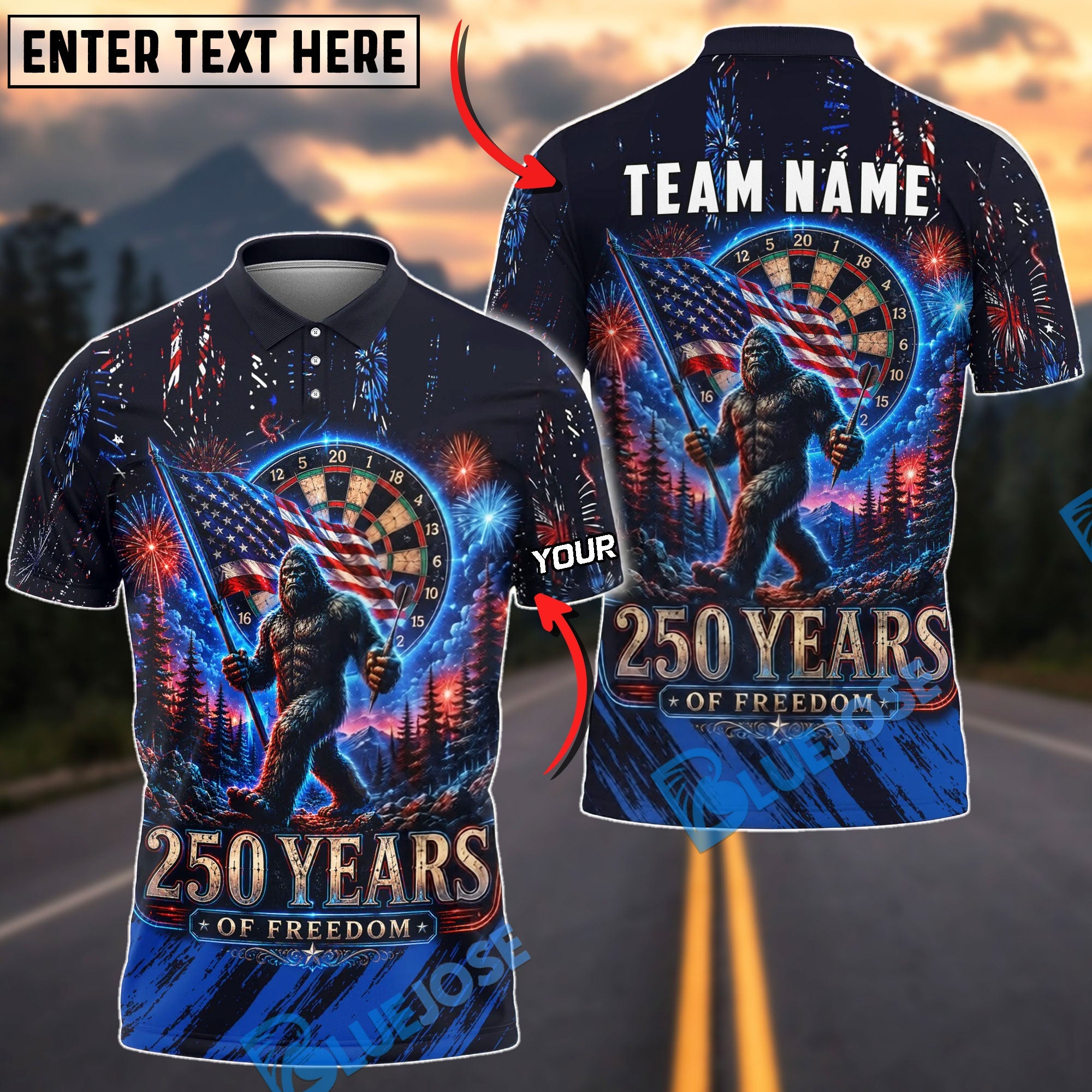 BlueJose Darts Bigfoot American Flag Freedom Design Personalized Name Shirt