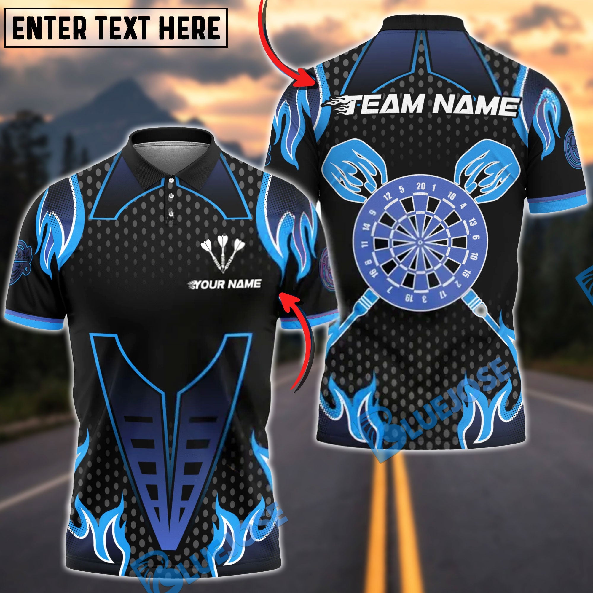 BlueJose Darts Flame Dartboard Classic Pattern Multicolor Options Personalized Name Shirt (4 Colors)