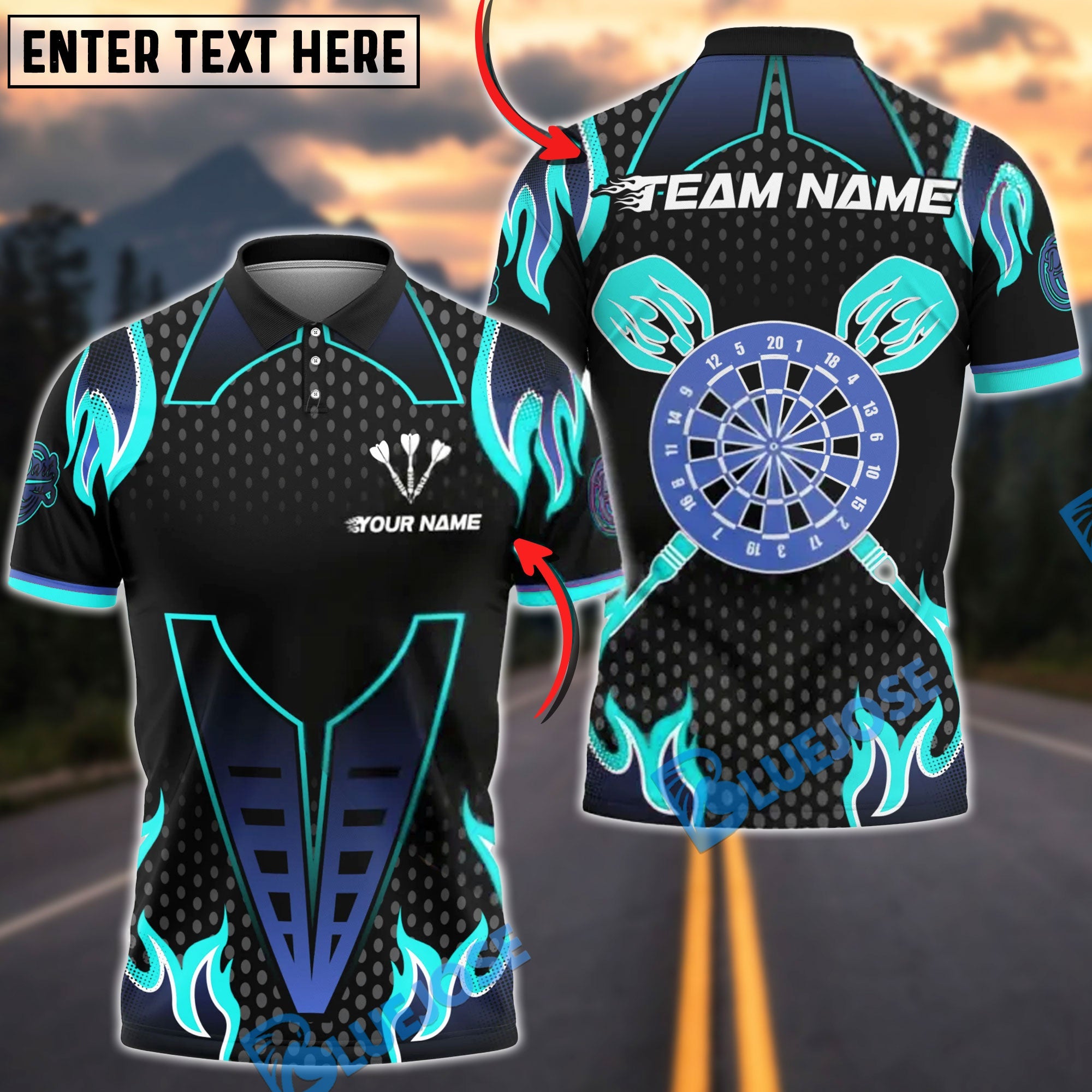BlueJose Darts Flame Dartboard Classic Pattern Multicolor Options Personalized Name Shirt (4 Colors)