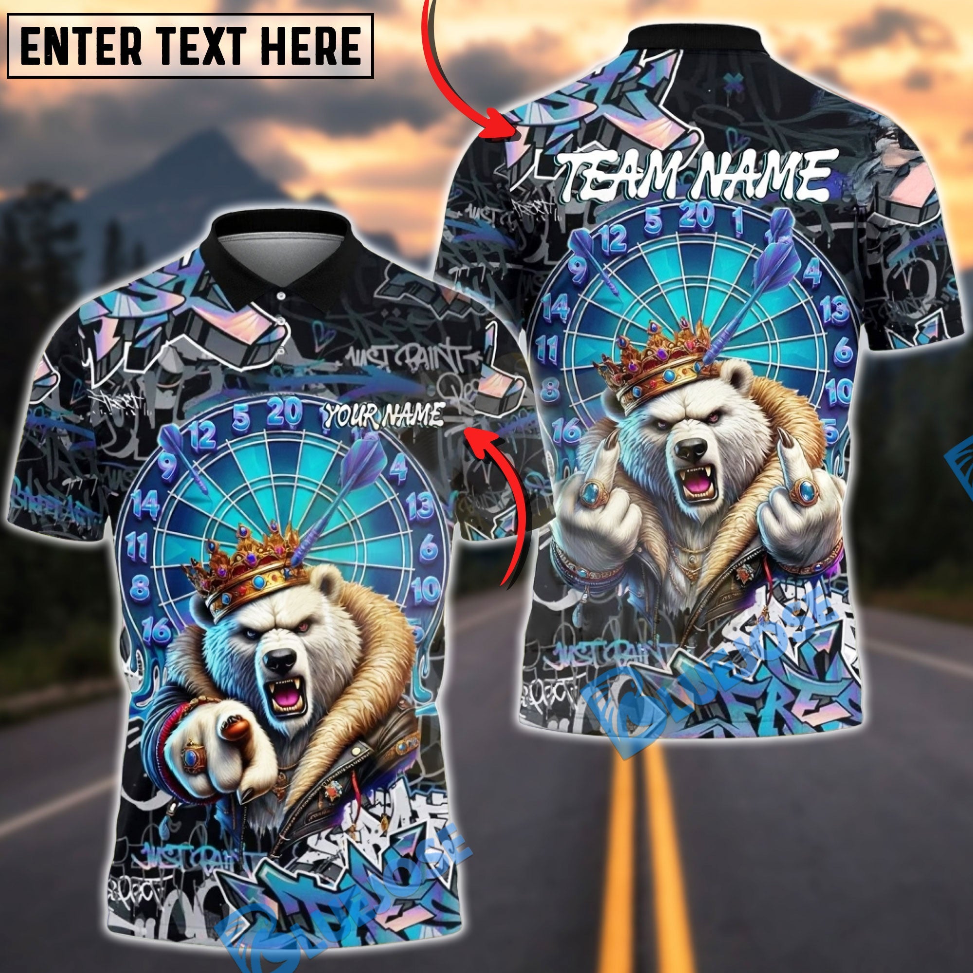 BlueJose Darts Polar Bear King Crown Dartboard Graffiti Multicolor Options Personalized Name Shirt (4 Colors)