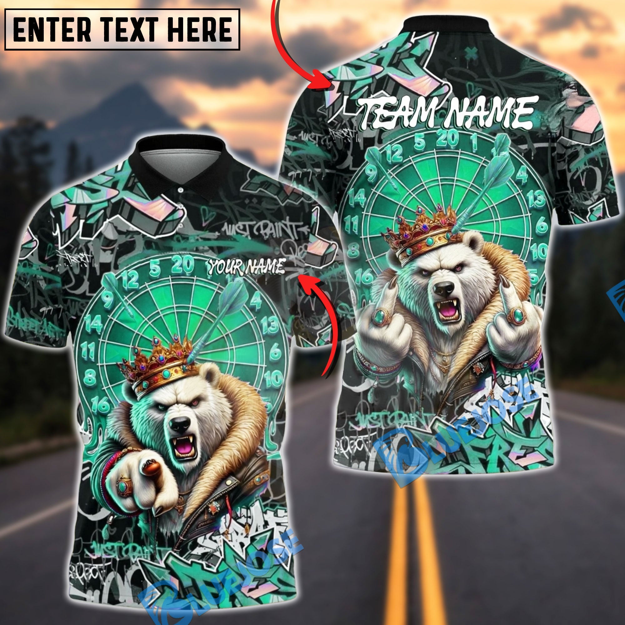 BlueJose Darts Polar Bear King Crown Dartboard Graffiti Multicolor Options Personalized Name Shirt (4 Colors)