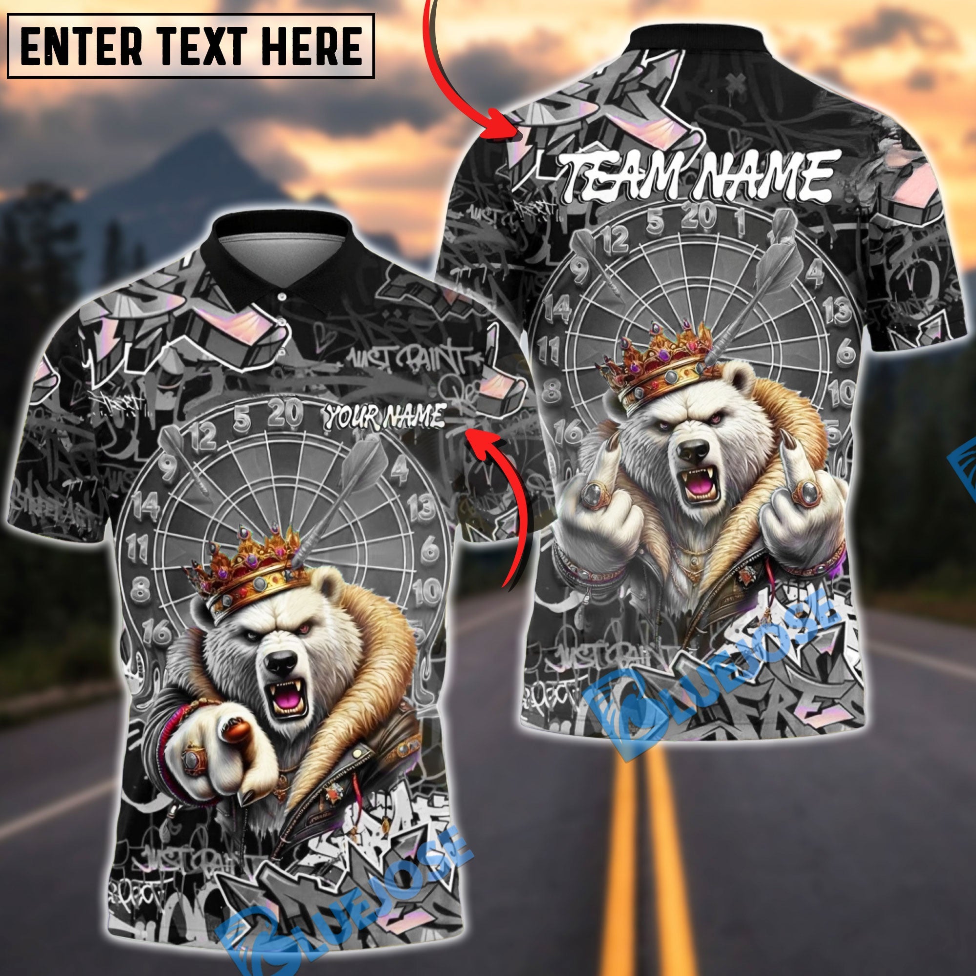 BlueJose Darts Polar Bear King Crown Dartboard Graffiti Multicolor Options Personalized Name Shirt (4 Colors)