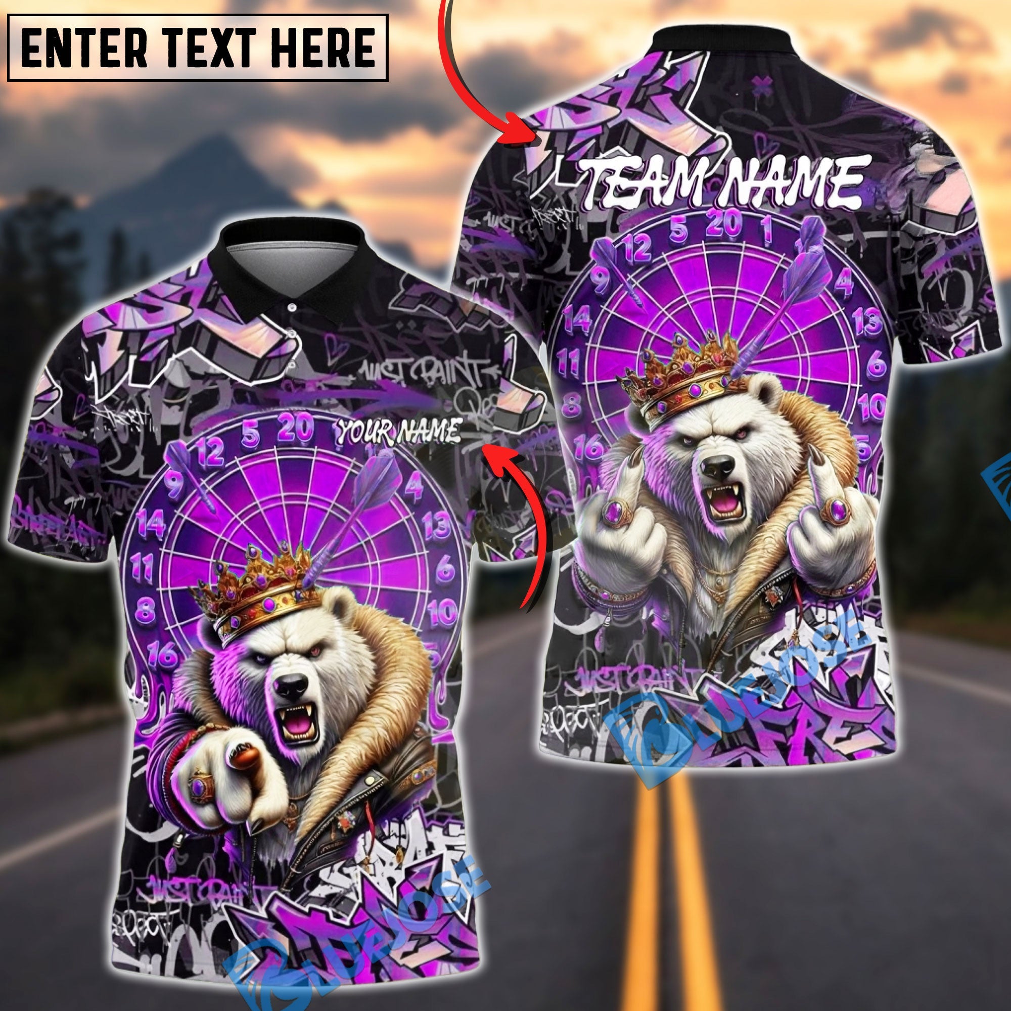 BlueJose Darts Polar Bear King Crown Dartboard Graffiti Multicolor Options Personalized Name Shirt (4 Colors)