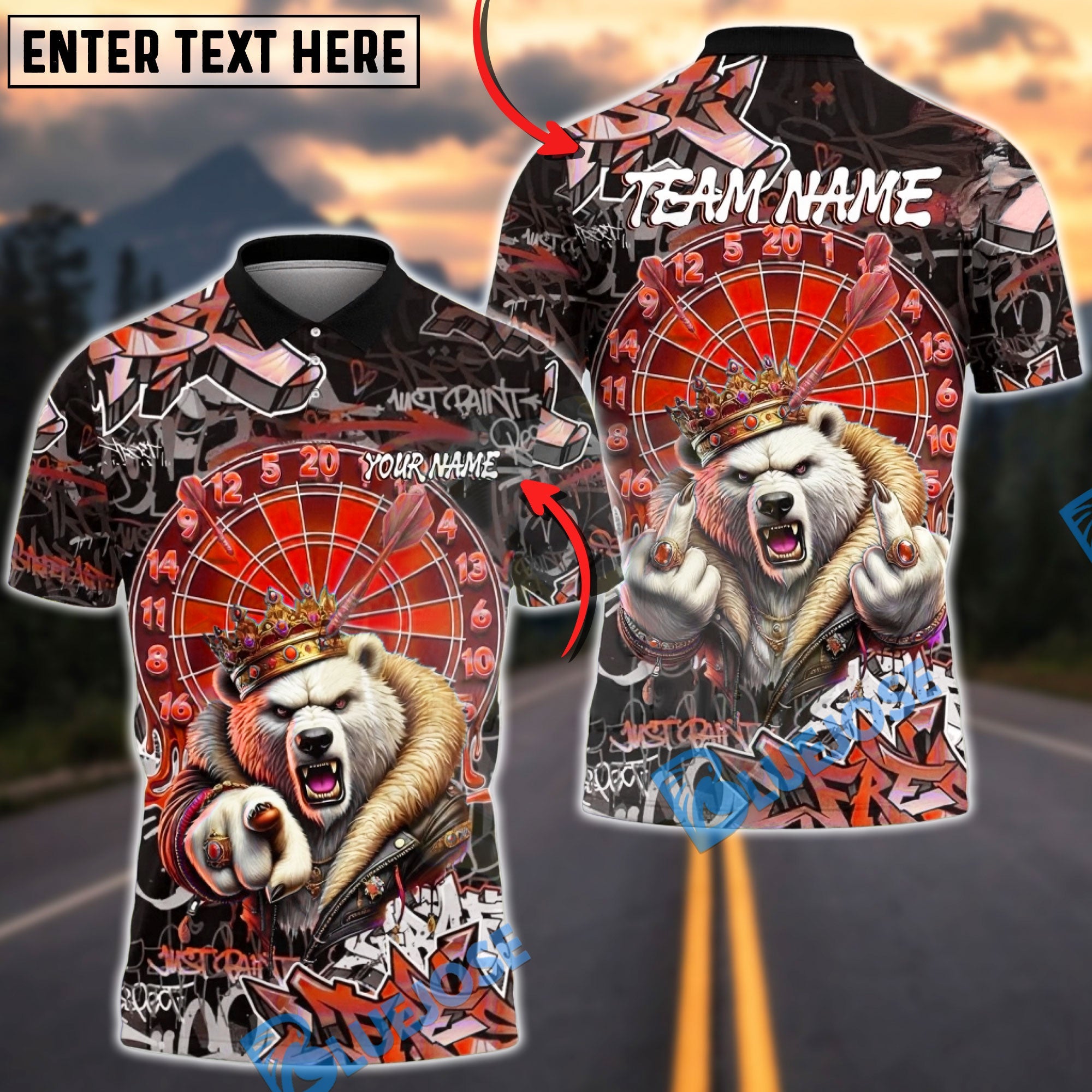 BlueJose Darts Polar Bear King Crown Dartboard Graffiti Multicolor Options Personalized Name Shirt (4 Colors)