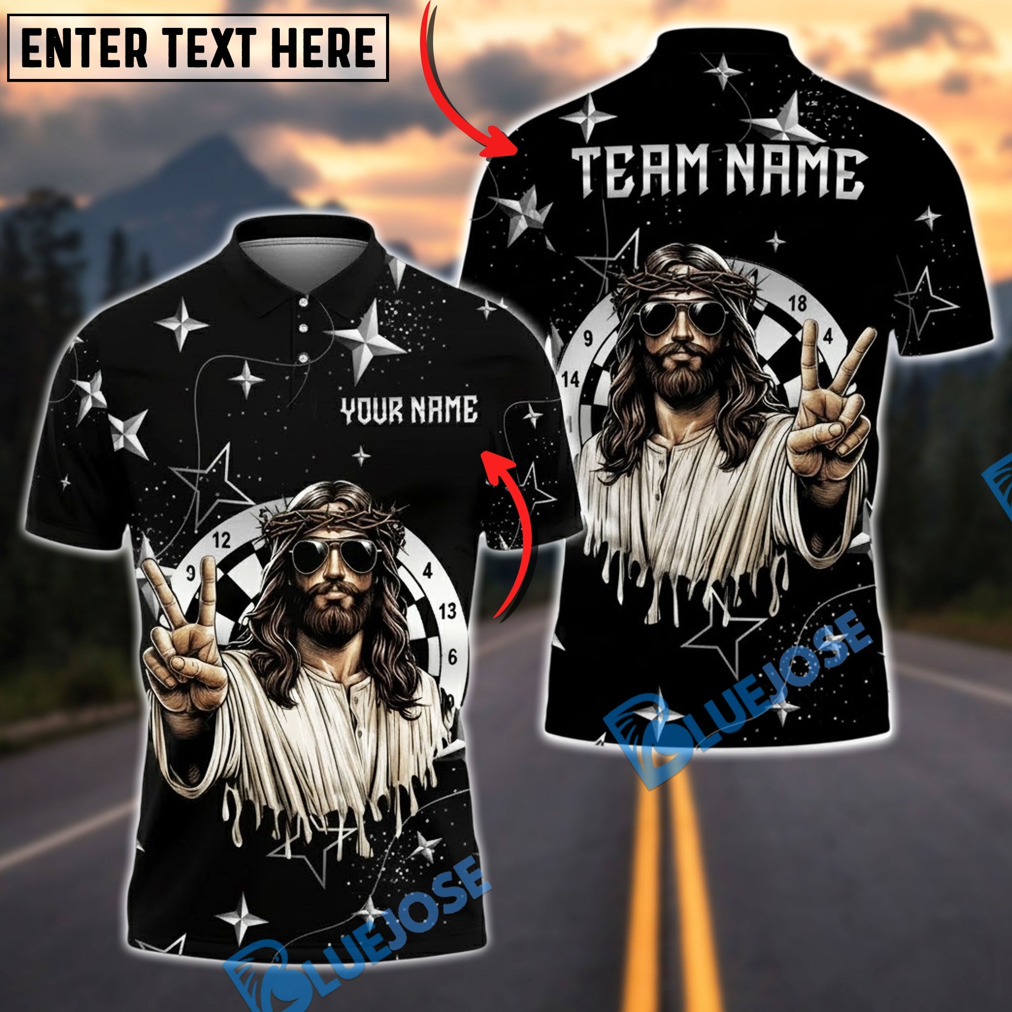 BlueJose Darts Jesus Peace Sign Starry Night Personalized Shirt (2 Colors)