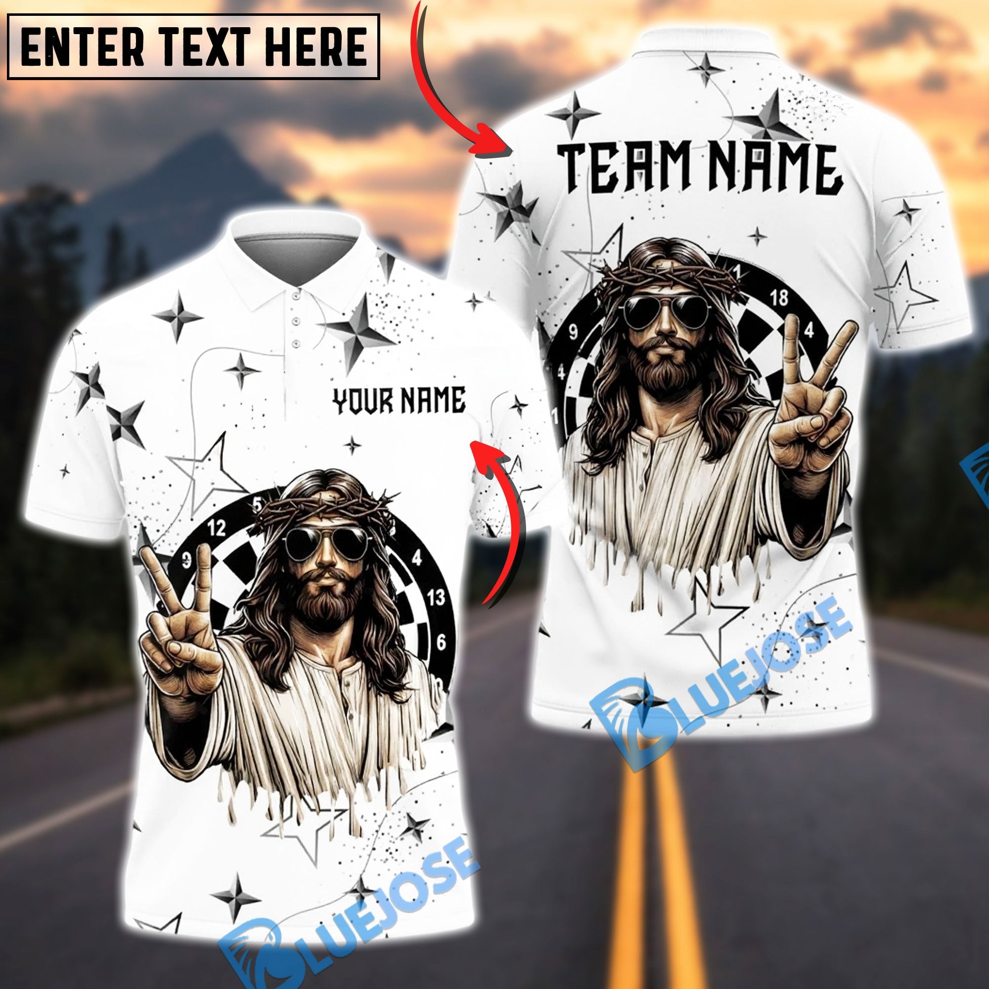 BlueJose Darts Jesus Peace Sign Starry Night Personalized Shirt (2 Colors)