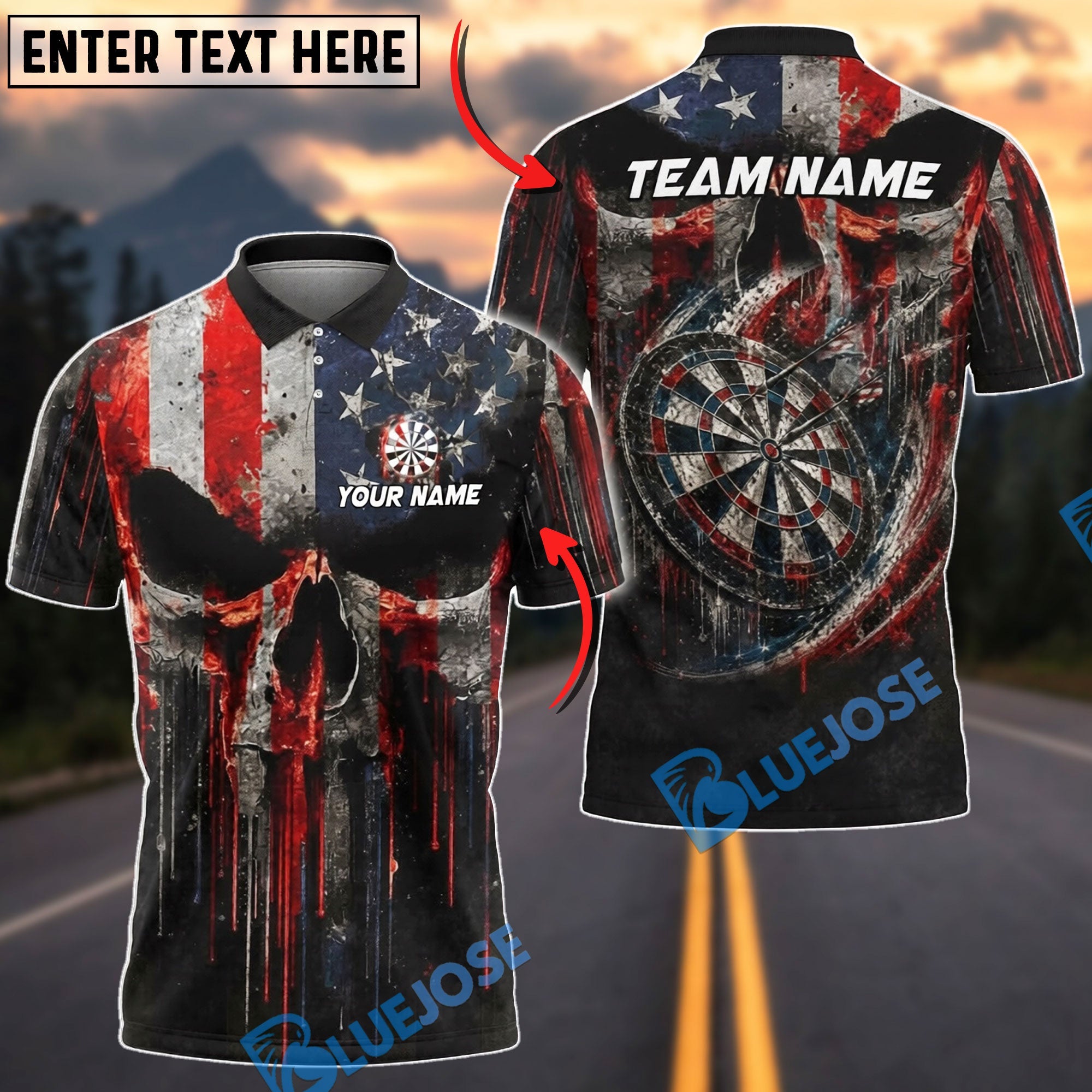 BlueJose Darts Melt Grunge American Flag Punisher Skull Design Personalized Name Shirt