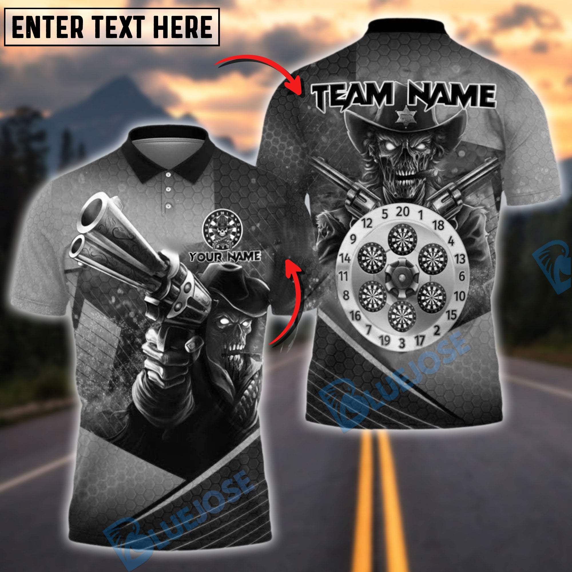 BlueJose Darts Outlaw Gunslinger Personalized Name, Team Name Shirt (6 Colors)