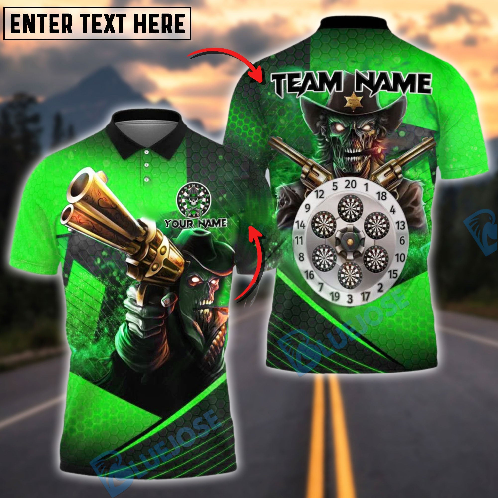 BlueJose Darts Outlaw Gunslinger Personalized Name, Team Name Shirt (6 Colors)