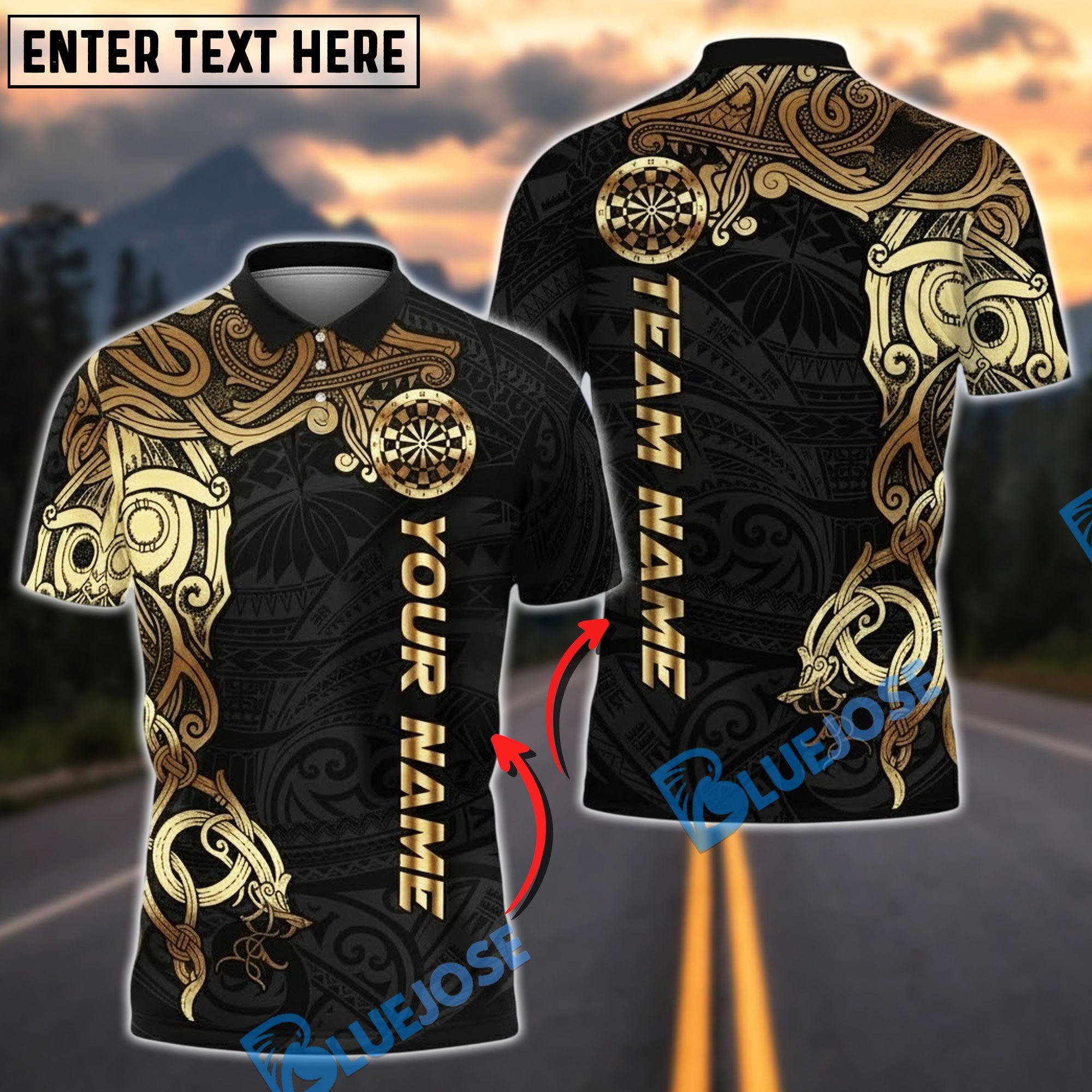 BlueJose Darts Tribal Gold Pattern Personalized Name, Team Name Unisex Shirt (6 Colors)