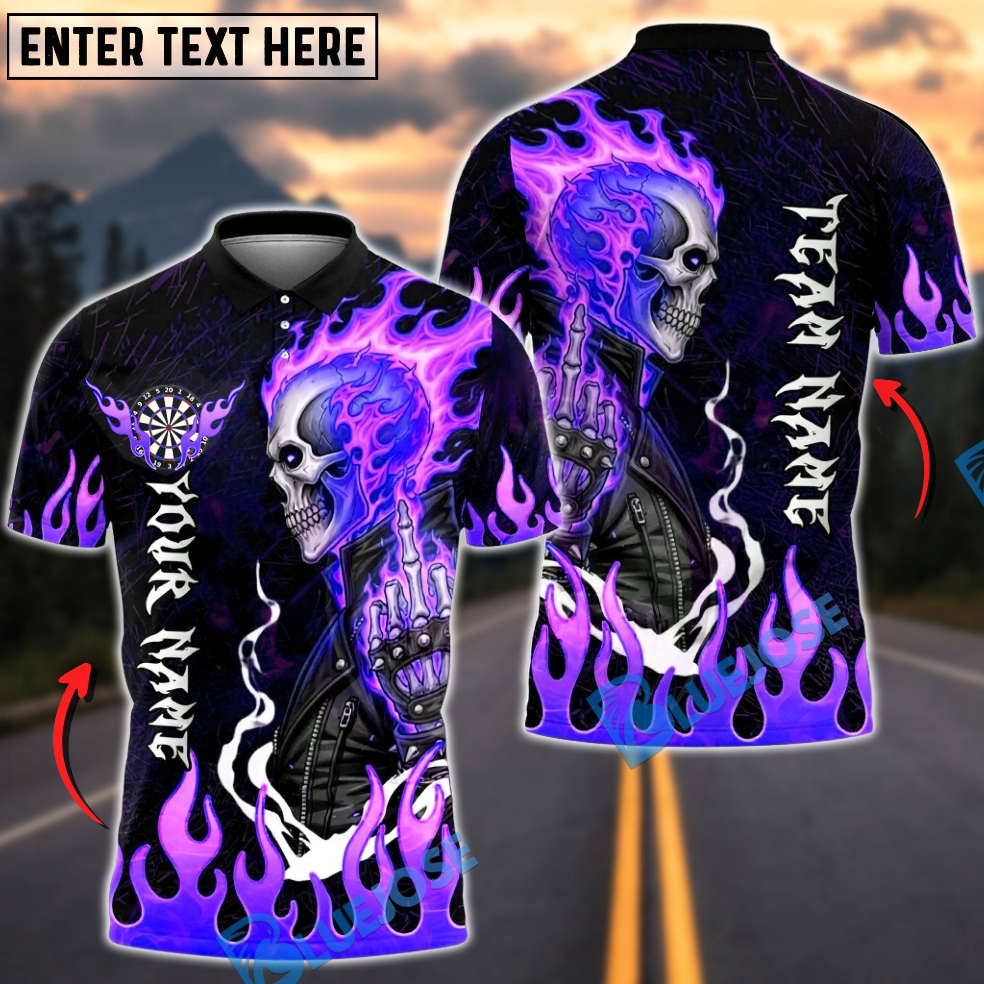 BlueJose Darts Flaming Biker Skull Middle Finger Multicolor Options Personalized Name Shirt (4 Colors)