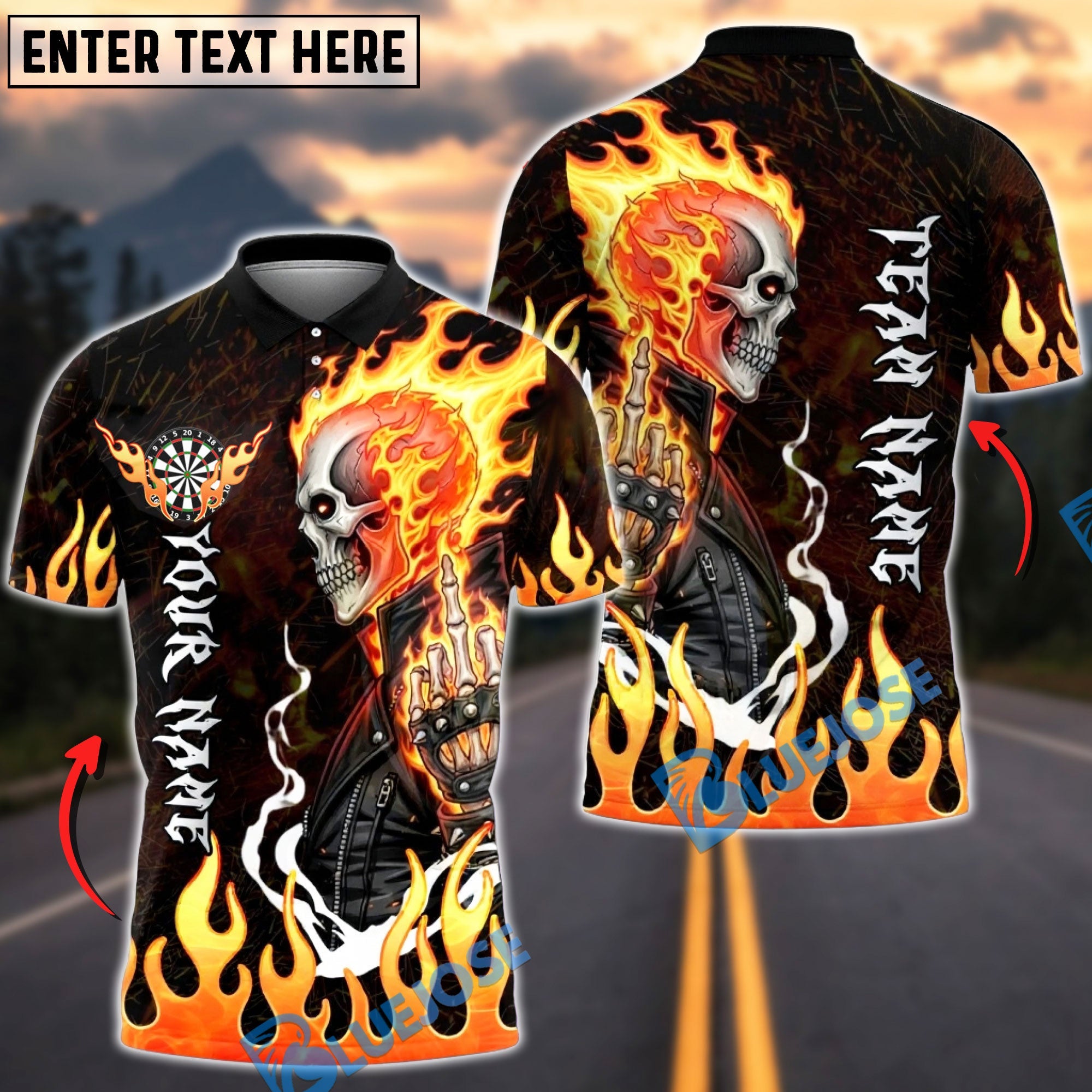 BlueJose Darts Flaming Biker Skull Middle Finger Multicolor Options Personalized Name Shirt (4 Colors)