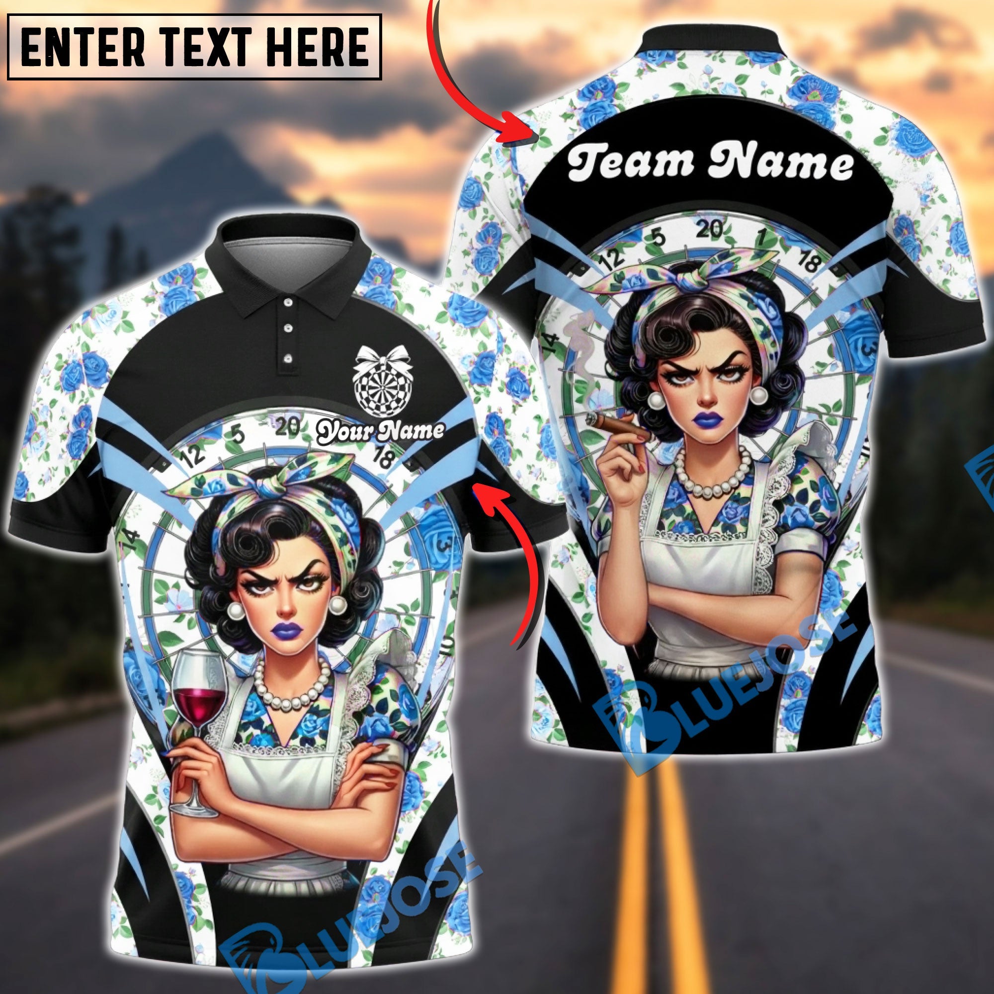 BlueJose Darts Retro Pinup Lady Floral Dartboard Personalized Name, Team Name Unisex Shirt (6 Colors)