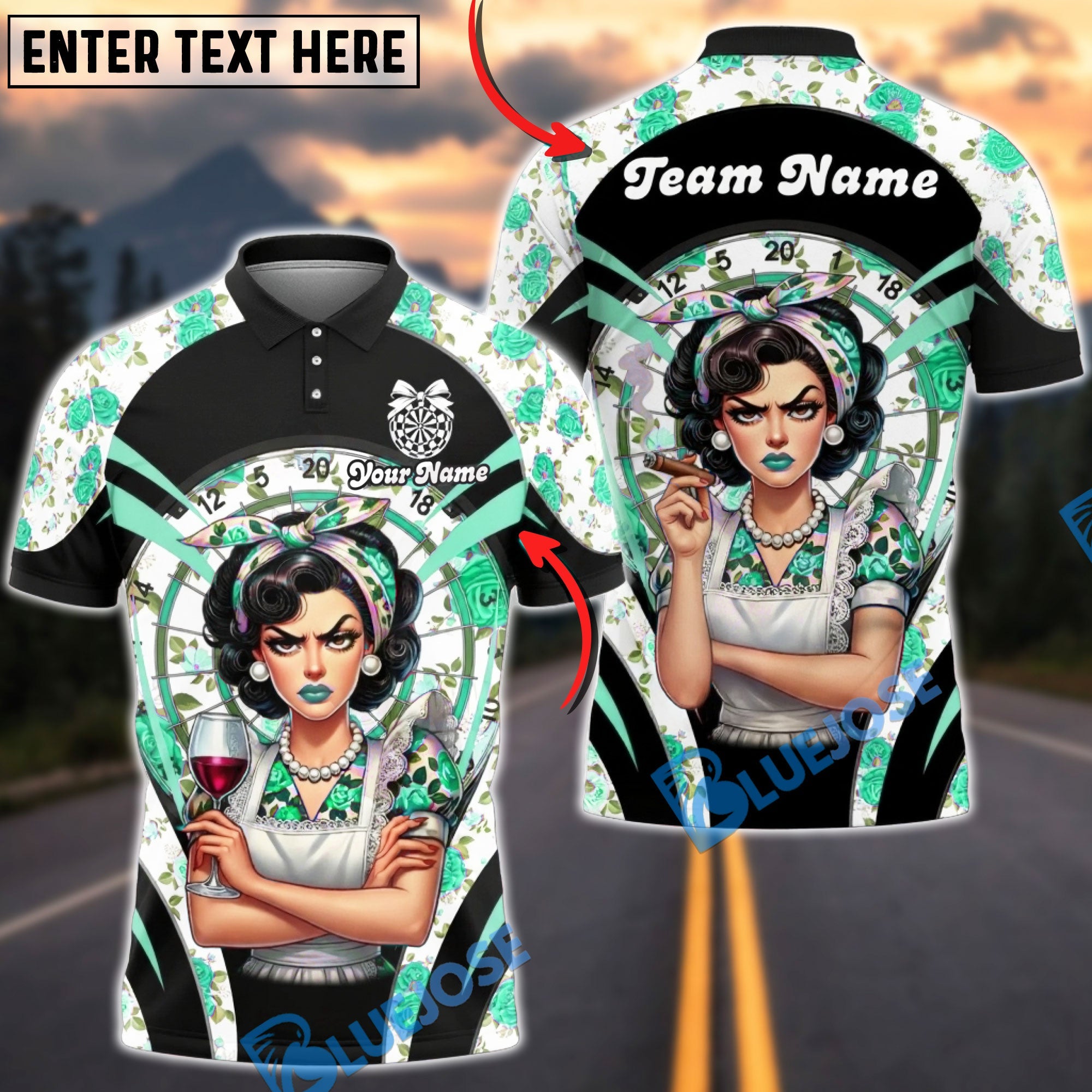 BlueJose Darts Retro Pinup Lady Floral Dartboard Personalized Name, Team Name Unisex Shirt (6 Colors)