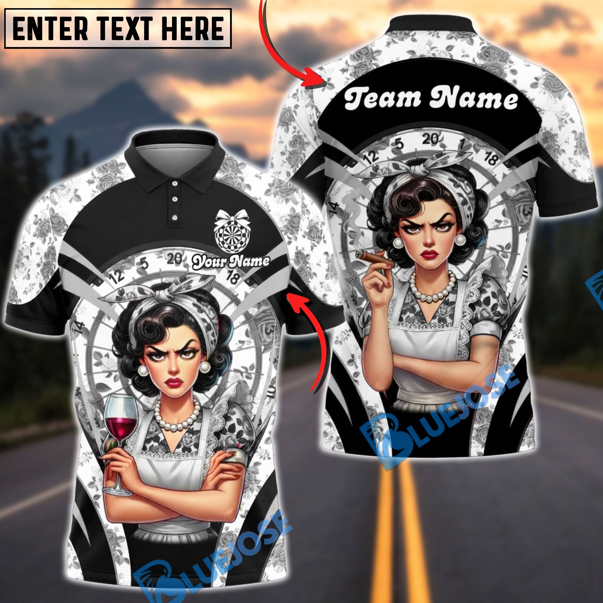 BlueJose Darts Retro Pinup Lady Floral Dartboard Personalized Name, Team Name Unisex Shirt (6 Colors)