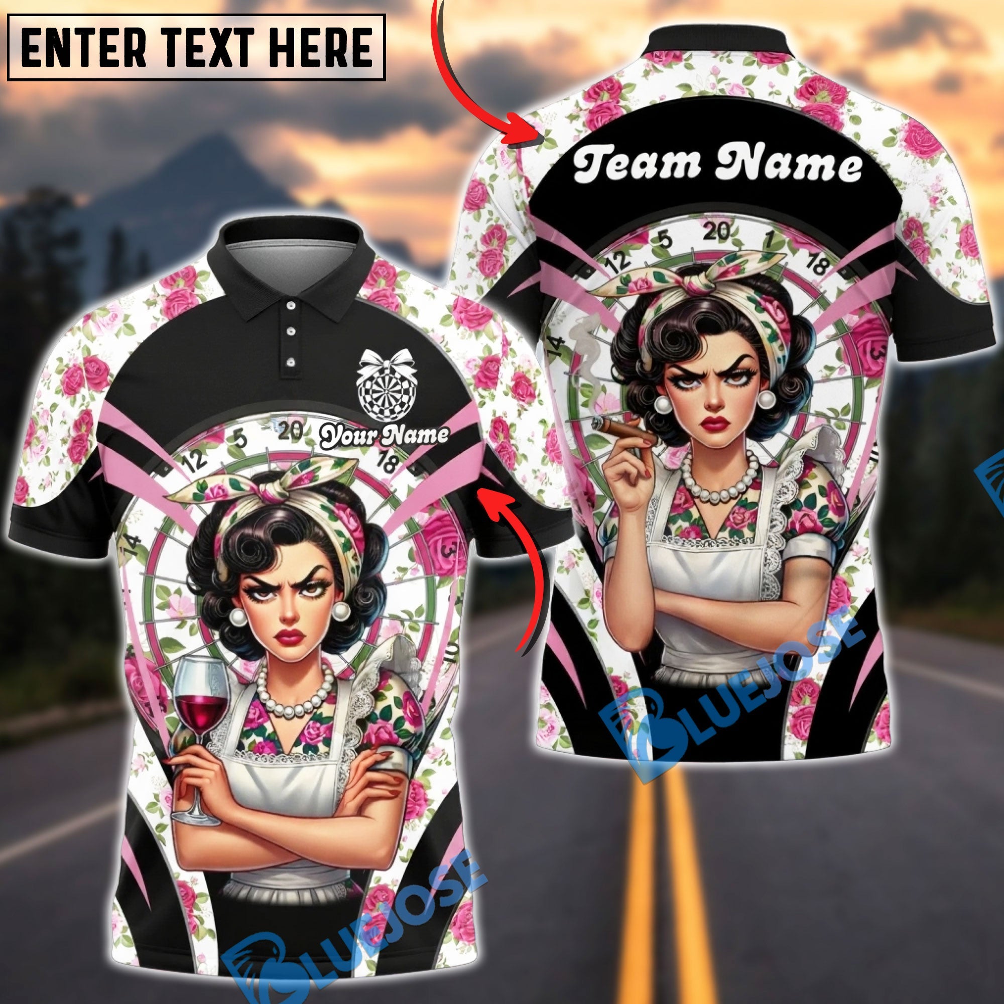 BlueJose Darts Retro Pinup Lady Floral Dartboard Personalized Name, Team Name Unisex Shirt (6 Colors)