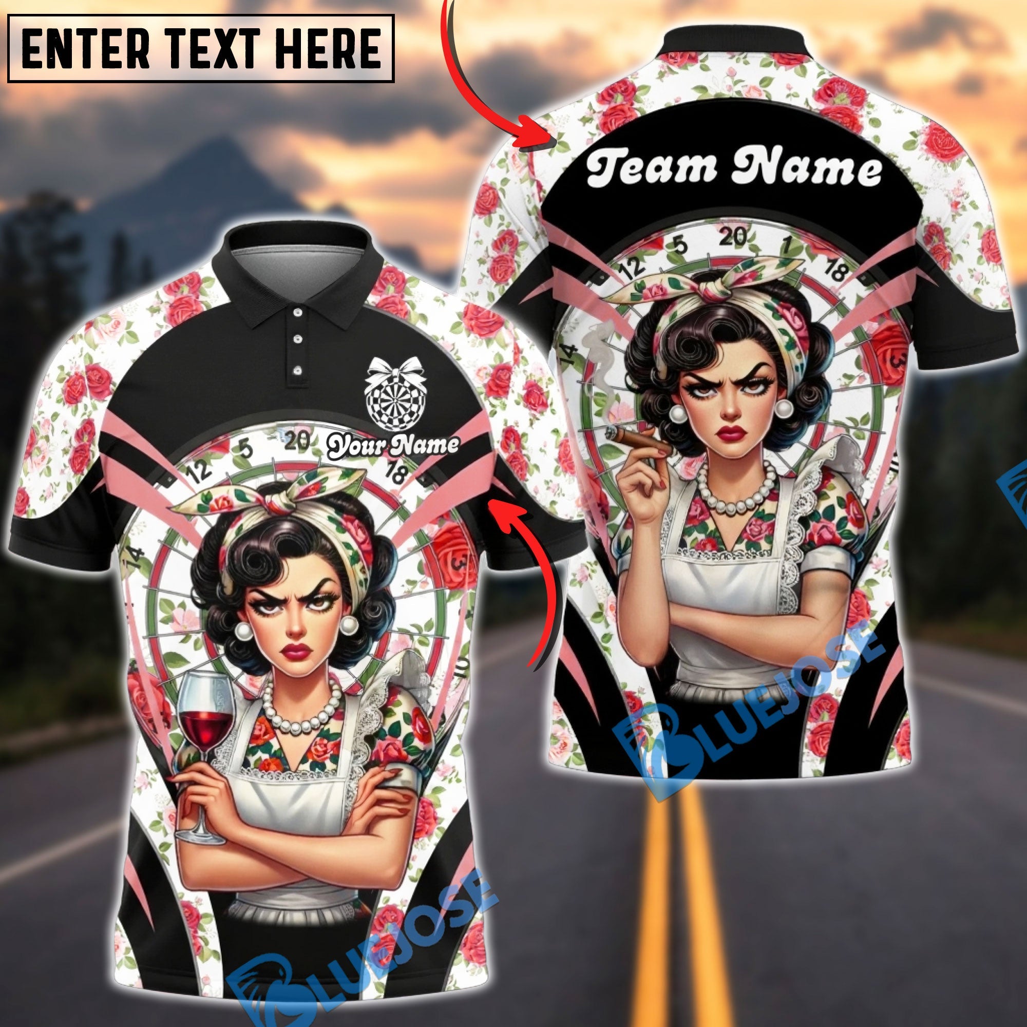 BlueJose Darts Retro Pinup Lady Floral Dartboard Personalized Name, Team Name Unisex Shirt (6 Colors)