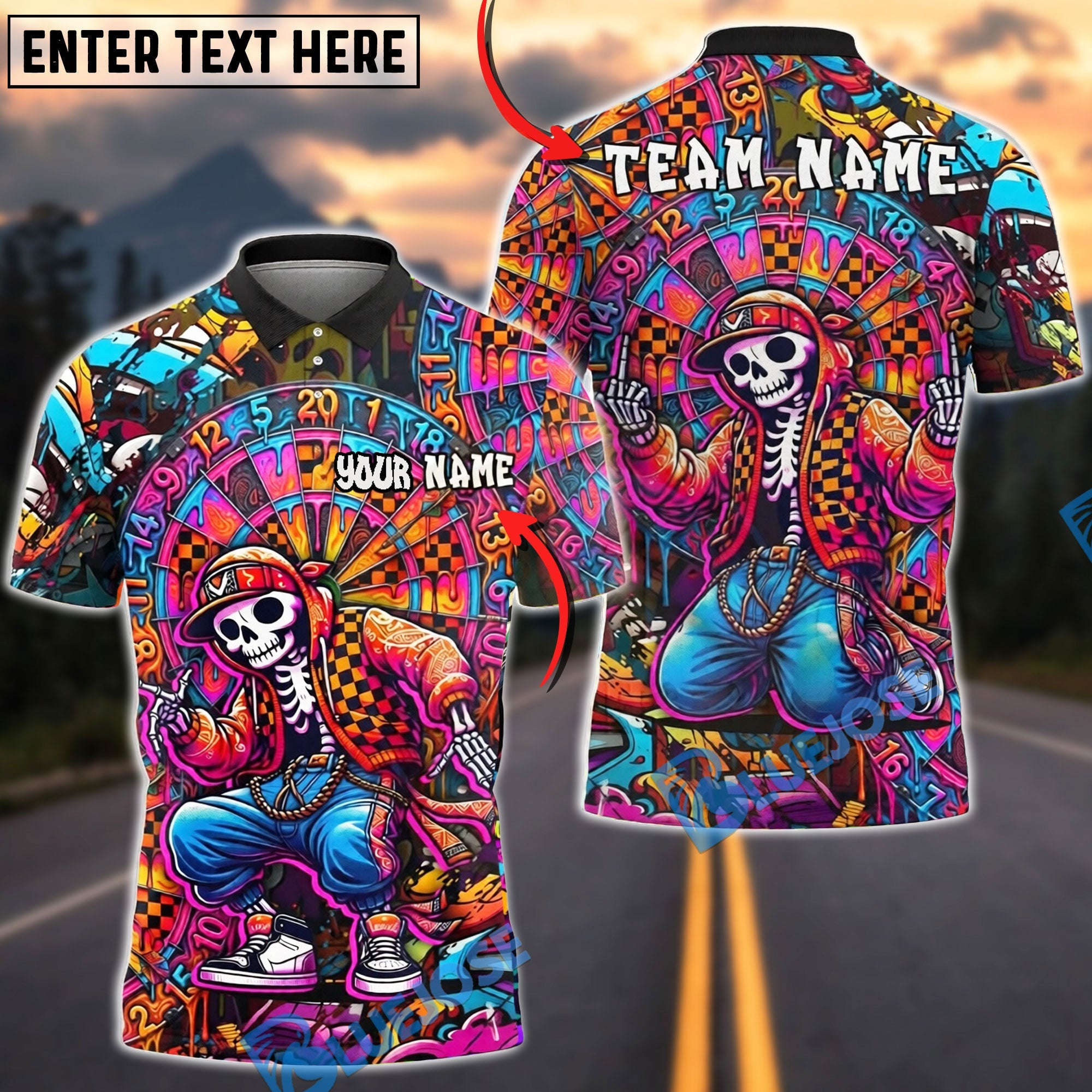 BlueJose Darts Street Style Skeleton Dartboard Graffiti Neon Art Personalized Name Shirt