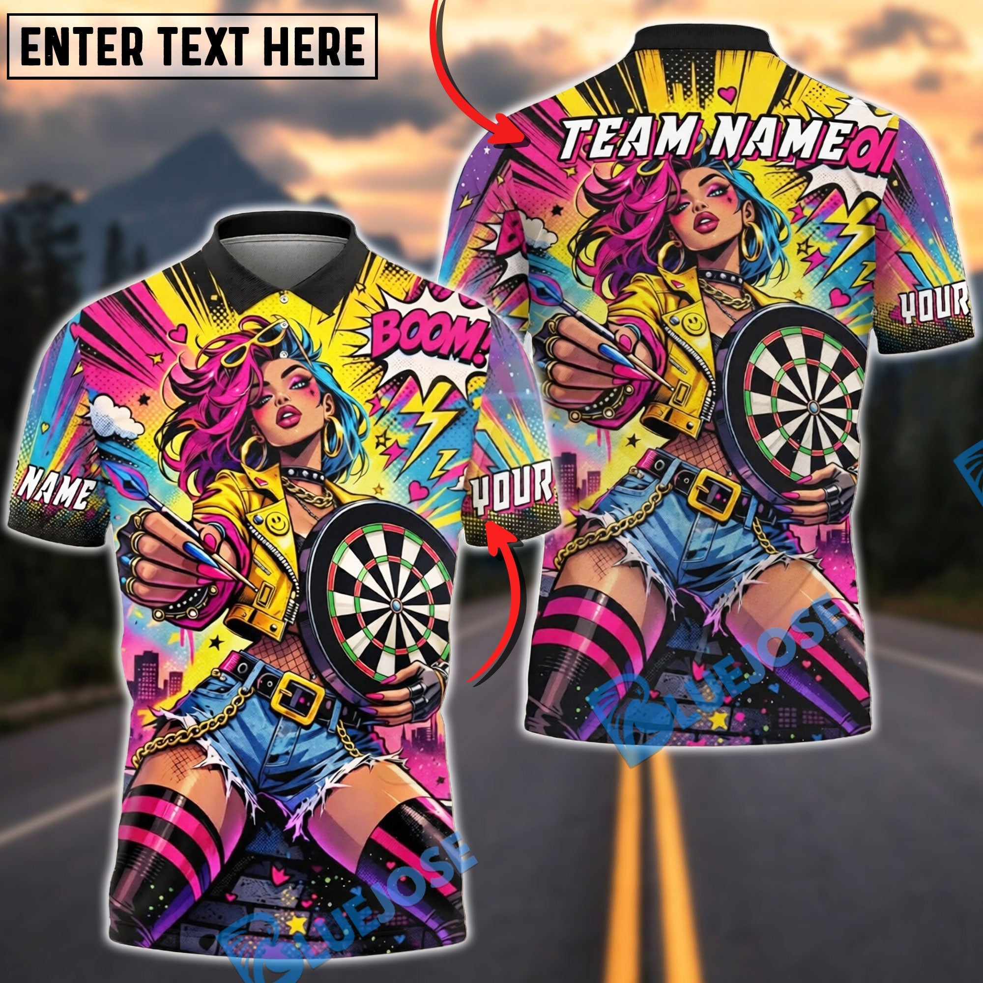 BlueJose Darts Pop Art Girl Player Neon Comic Style  Personalized Name Shirt