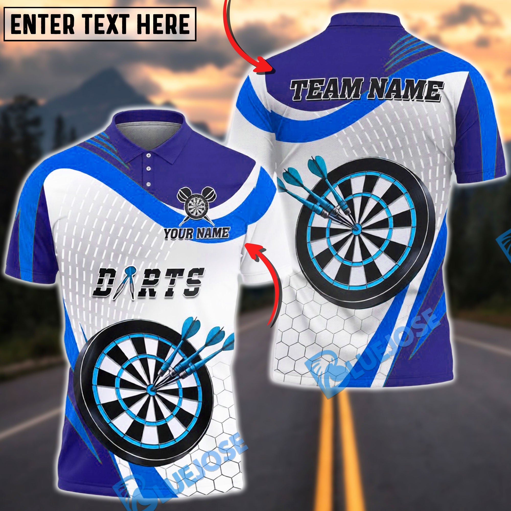 BlueJose Darts Strike Hexagon Motion Classic Board Personalized Name, Team Name Unisex Shirt (4 Colors)